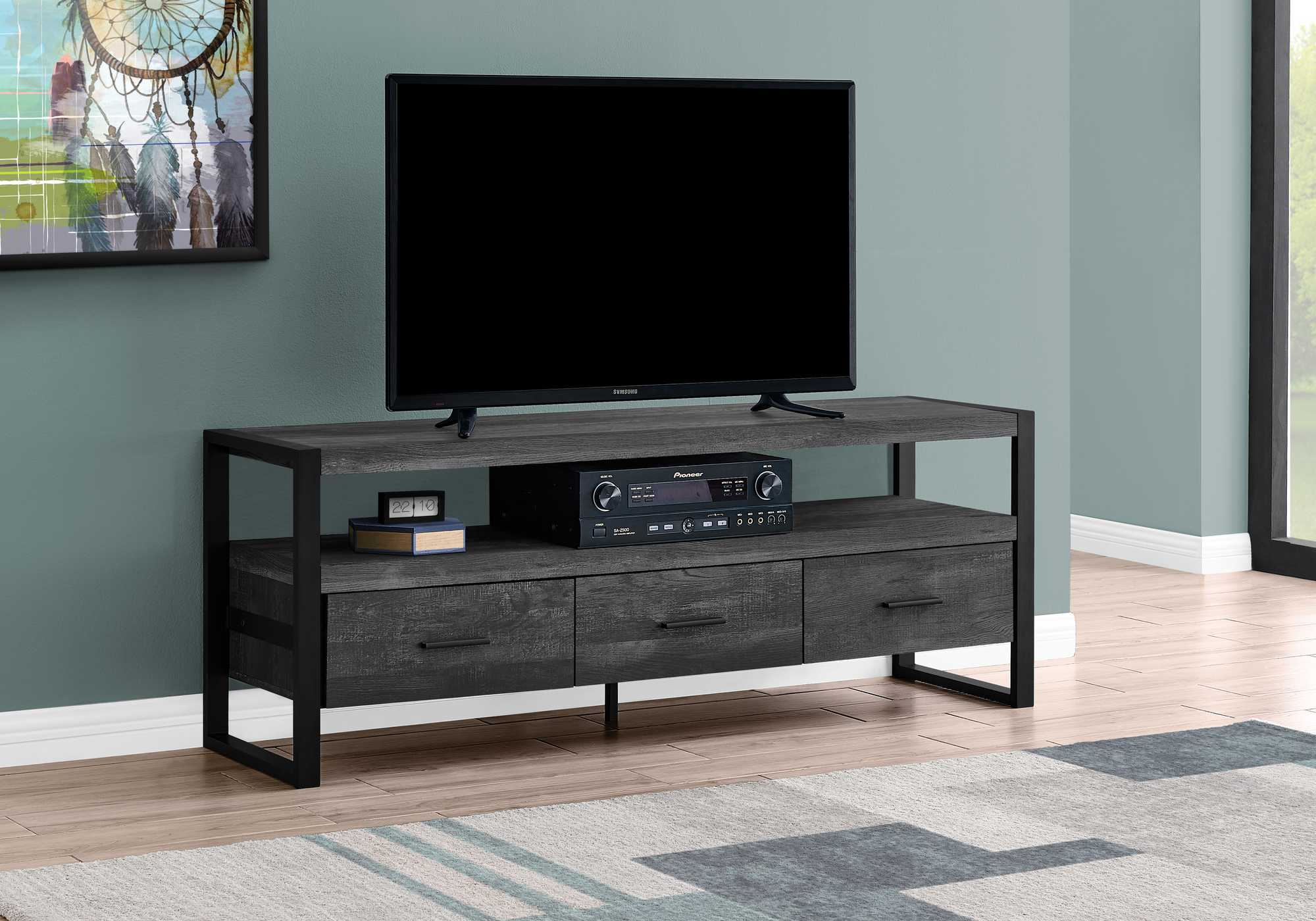  21.75" Black Particle Board Hollow Core & Black Metal TV Stand with 3 Drawers By Homeroots 