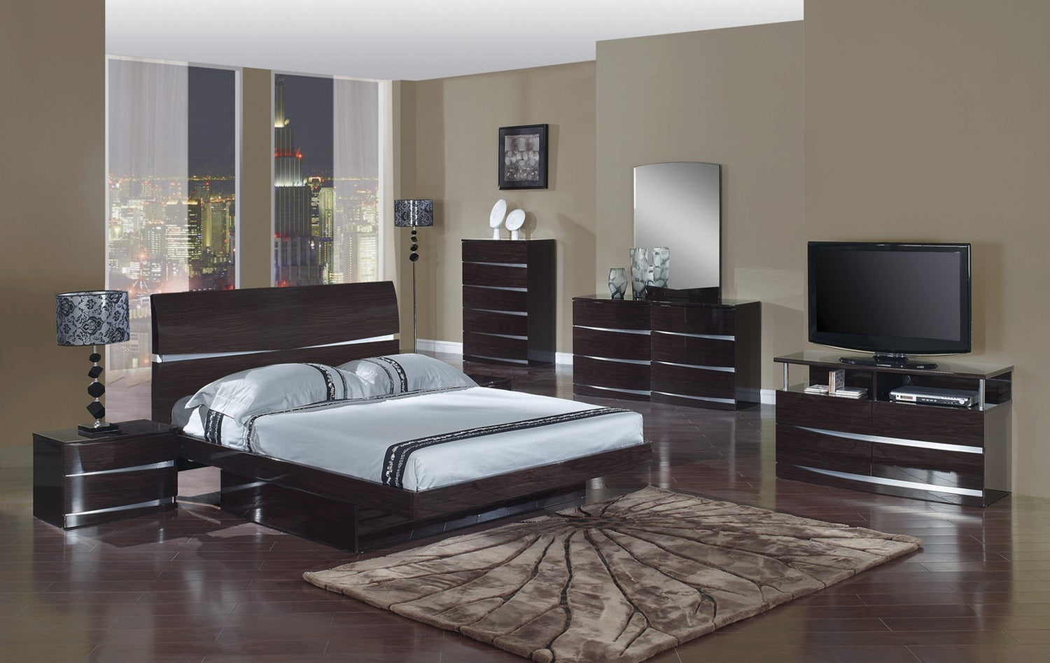  4Pc Eastern King Modern Wenge High Gloss Wenge Bedroom Set By Homeroots 