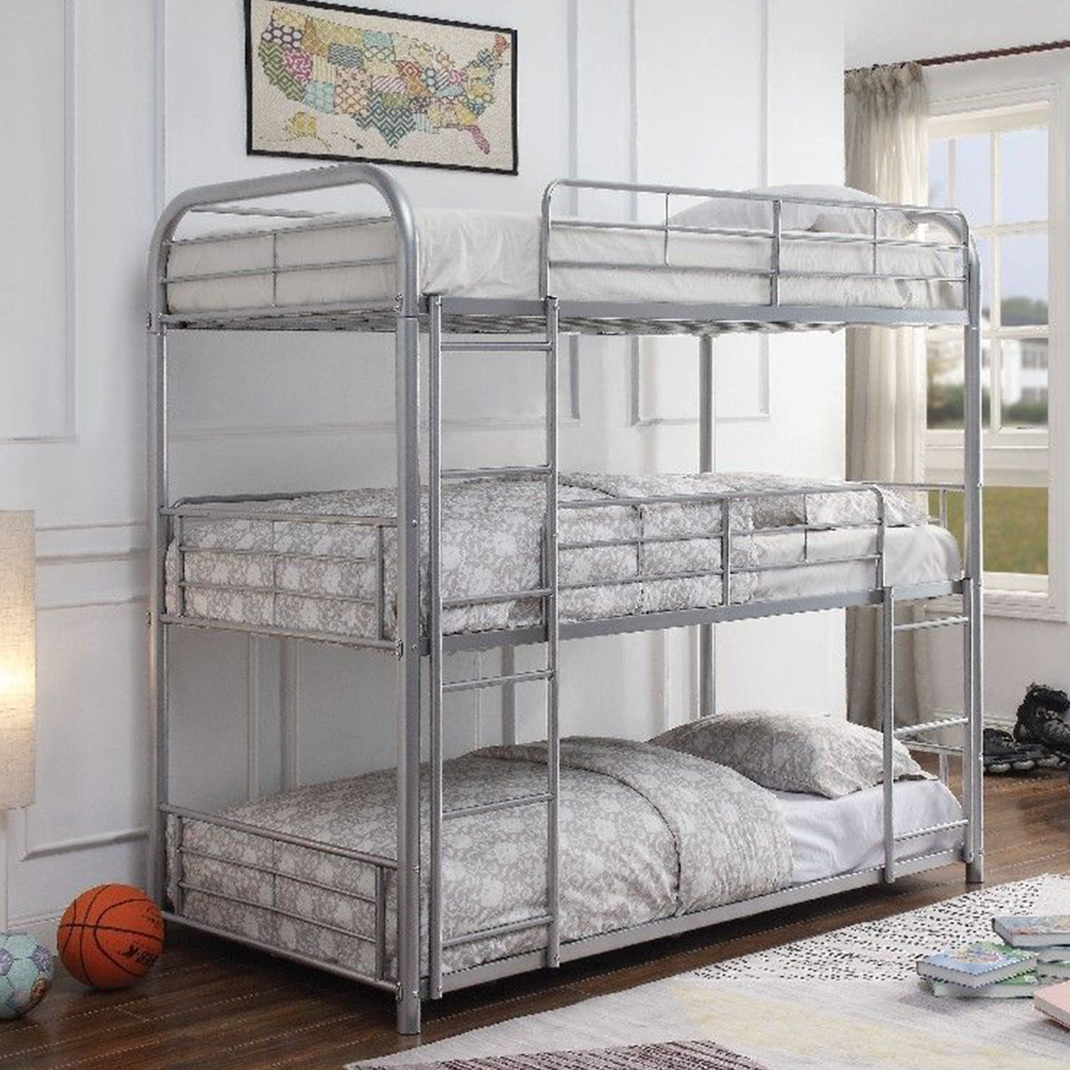  Silver Metal Triple Bunk Bed - Twin By Homeroots 