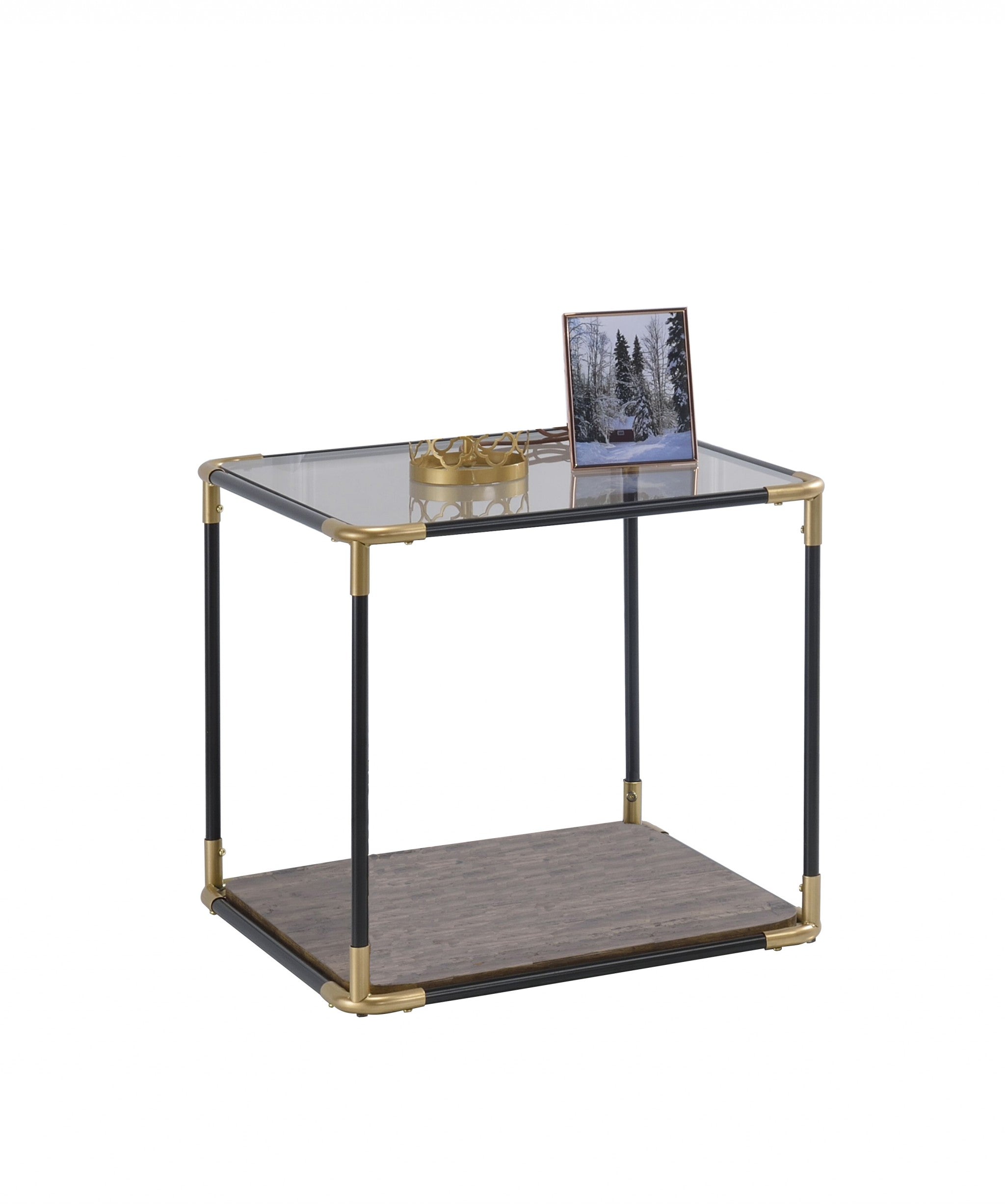  BlackGold Smoky Glass Metal Wood Veneer (Paper) End Table By Homeroots 