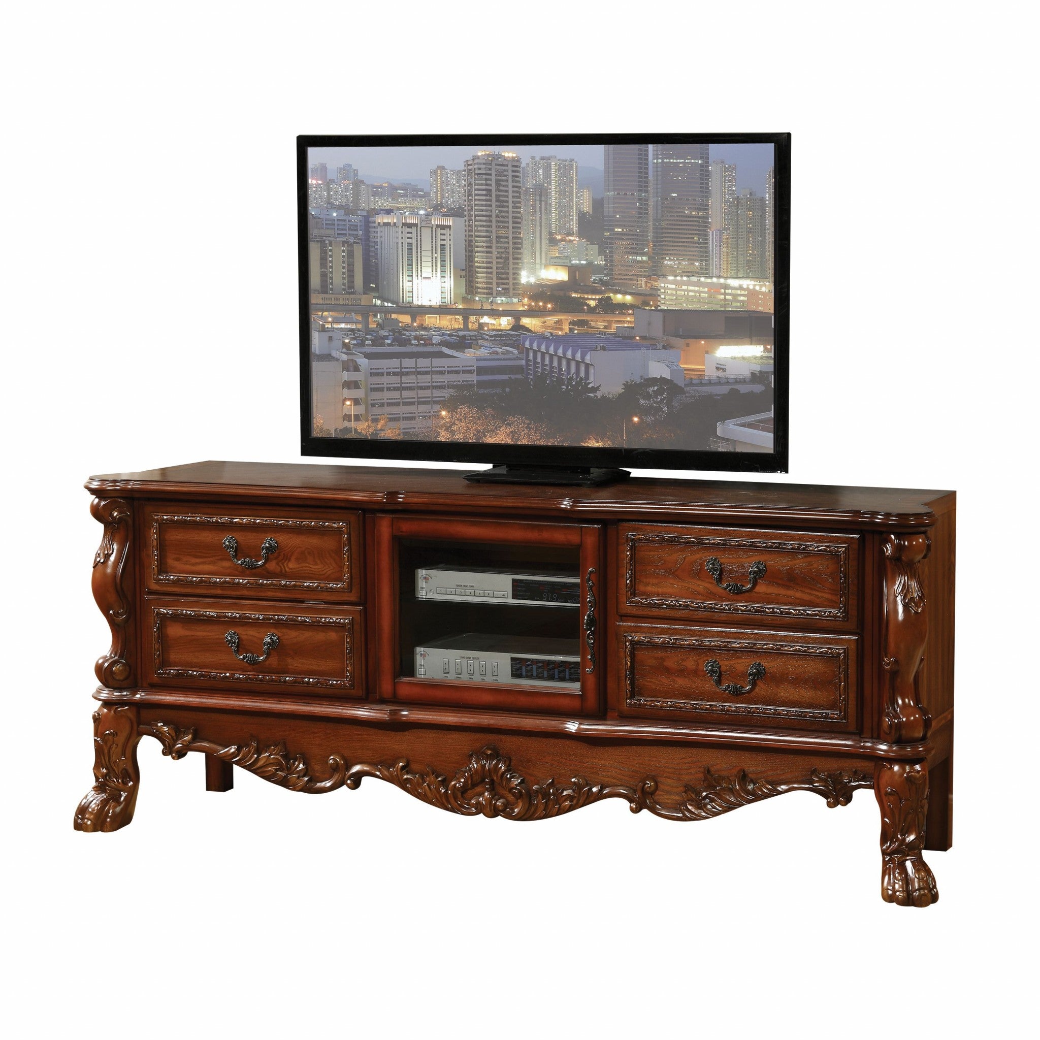  Cherry Oak Wood Poly Resin Glass TV Console By Homeroots - 347488 