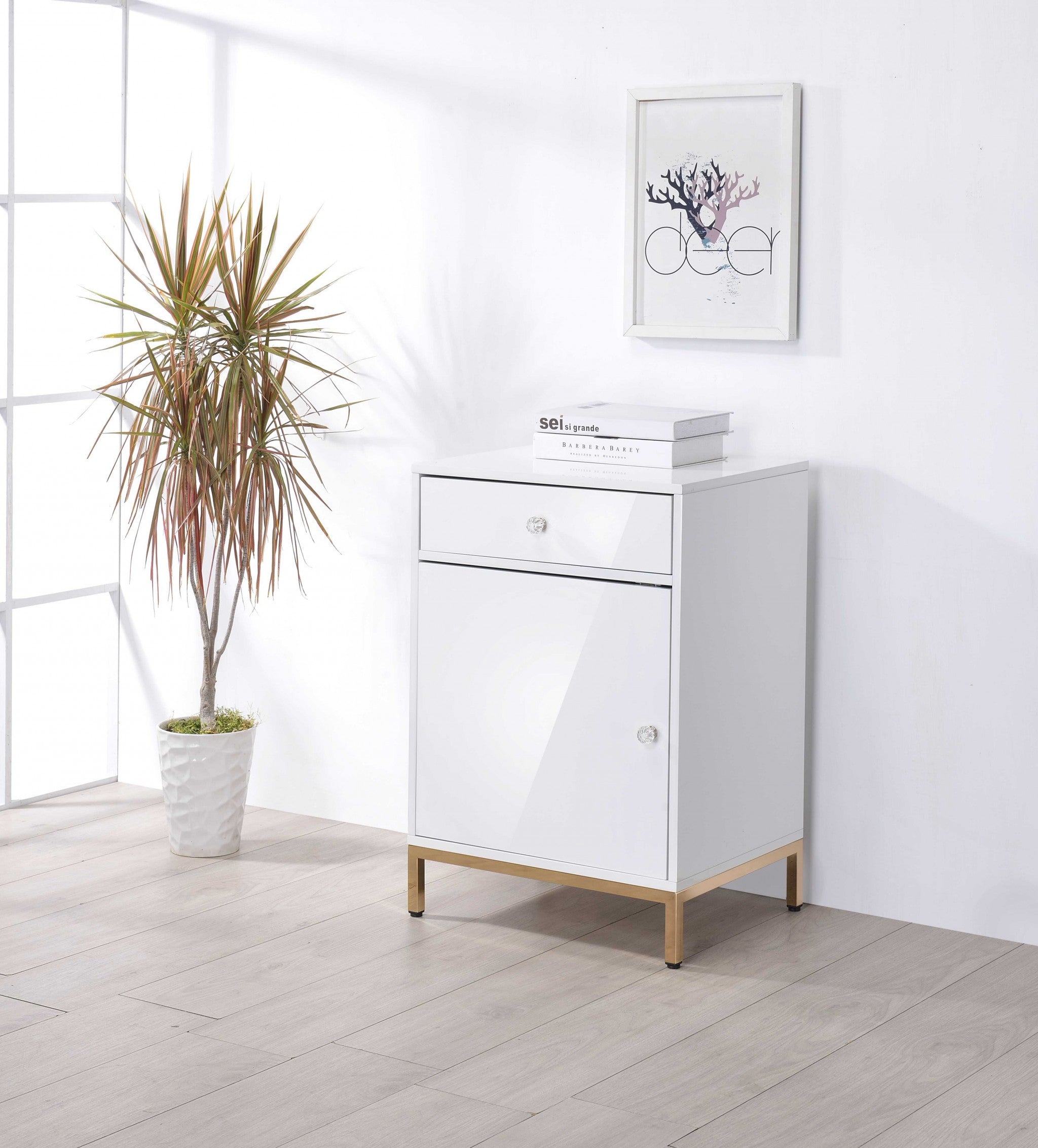  White High Gloss Gold Metal Wood Cabinet By Homeroots 