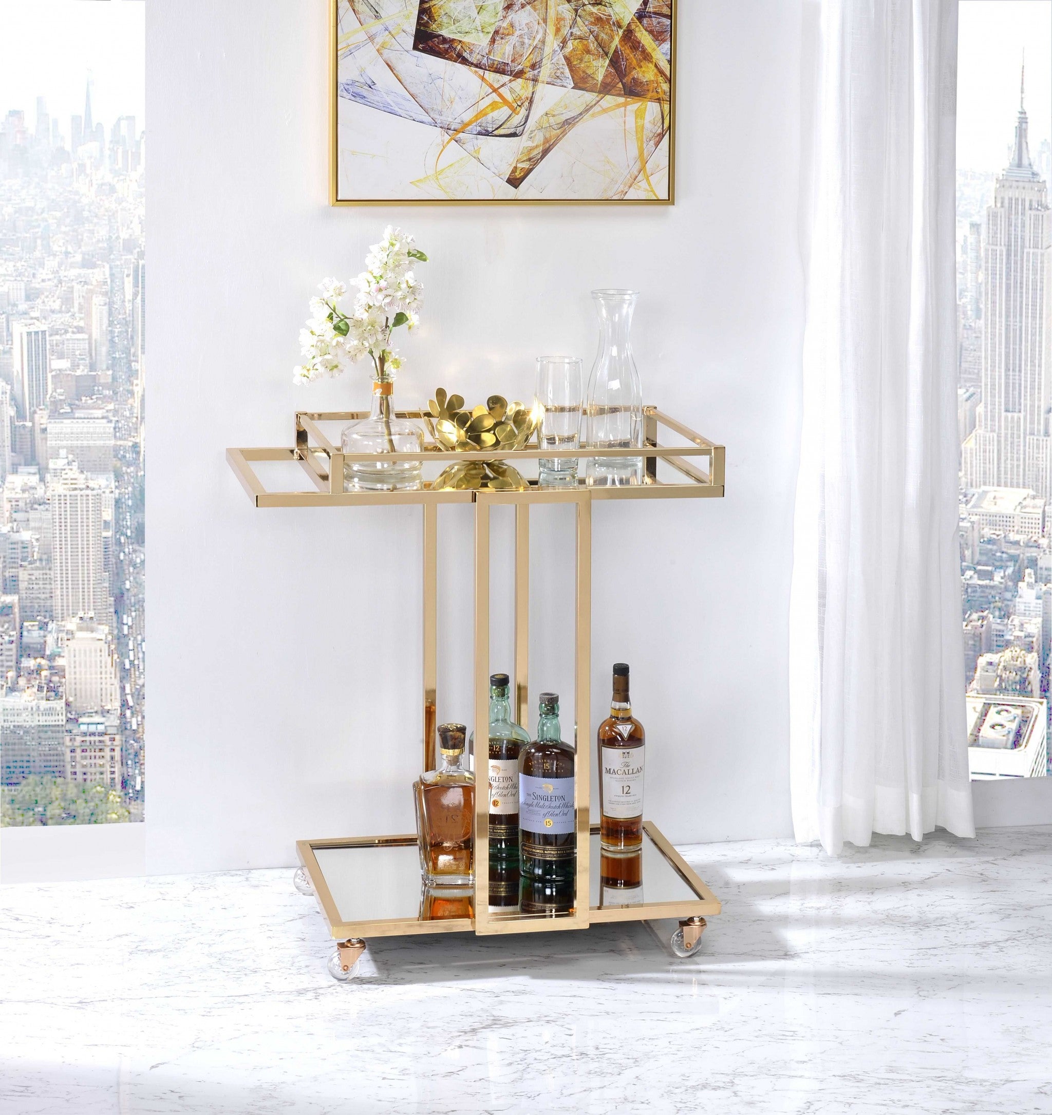  Gold Metal Mirror Casters Serving Cart By Homeroots 