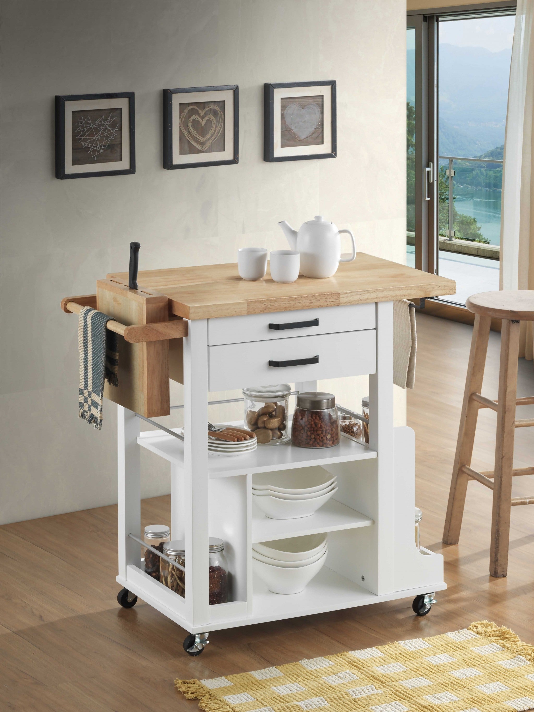  Natural White Wood Casters Kitchen Cart By Homeroots 