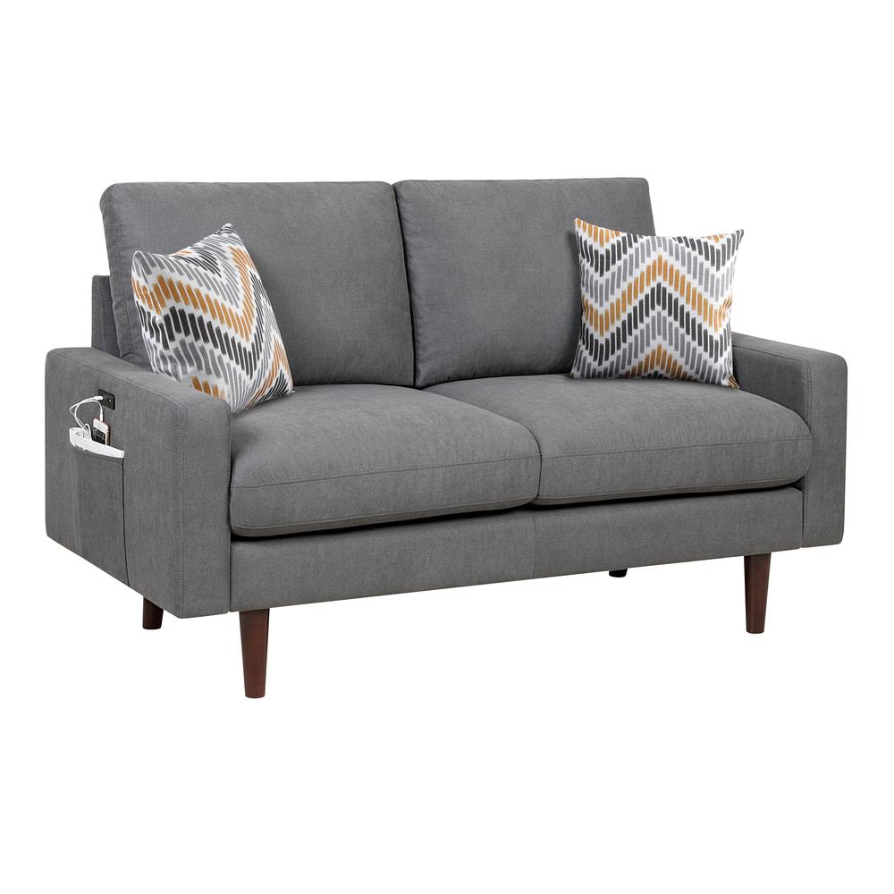  Abella Mid-Century Modern Dark Gray Woven Fabric Loveseat Couch with USB Charging Ports & Pillows By Lilola Home 