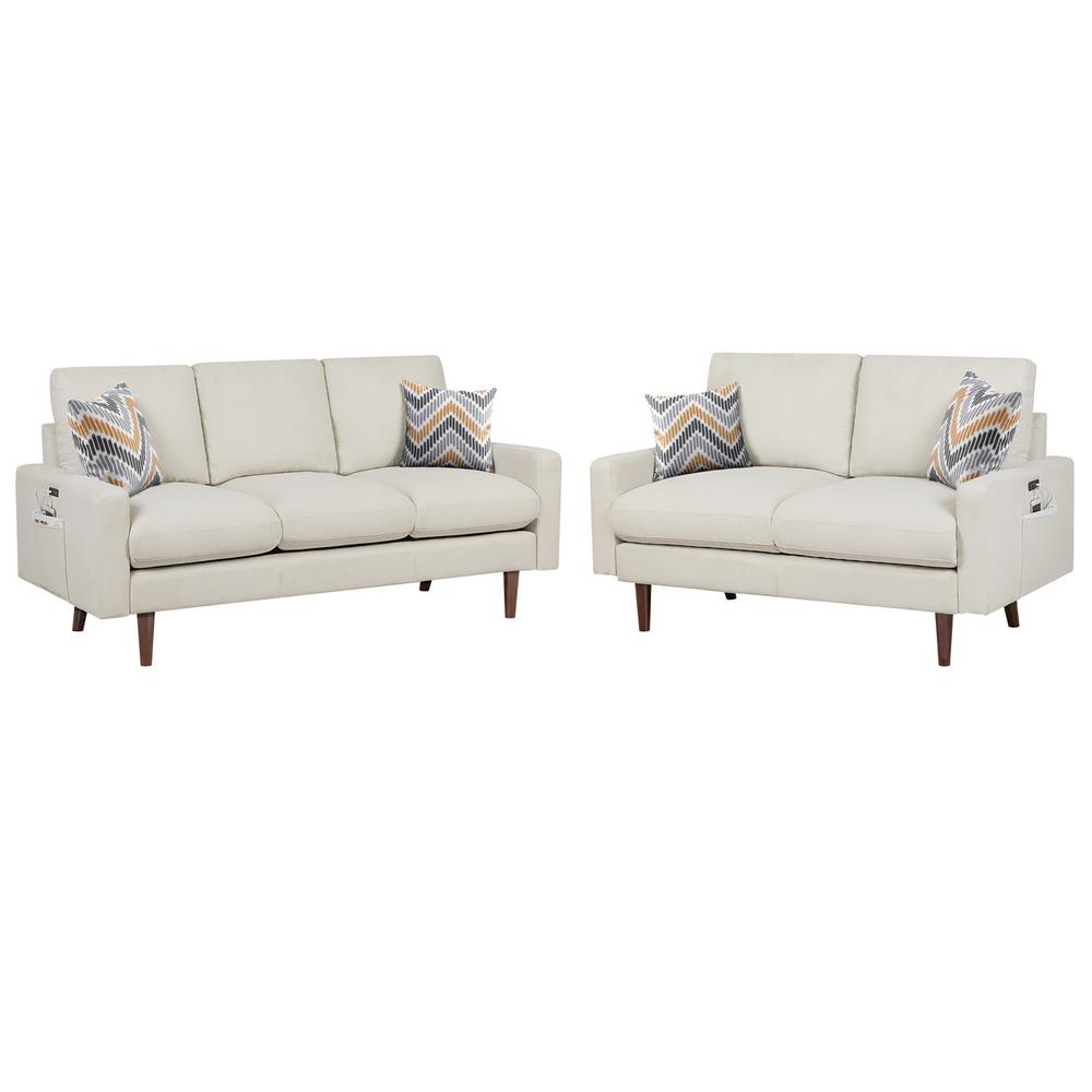  Abella Mid-Century Modern Beige Woven Fabric Sofa and Loveseat Living Room Set with USB Charging Ports & Pillows By Lilola Home 