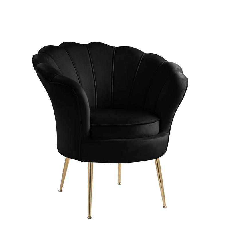  Angelina Black Velvet Scalloped Back Barrel Accent Chair with Metal Legs By Lilola Home 