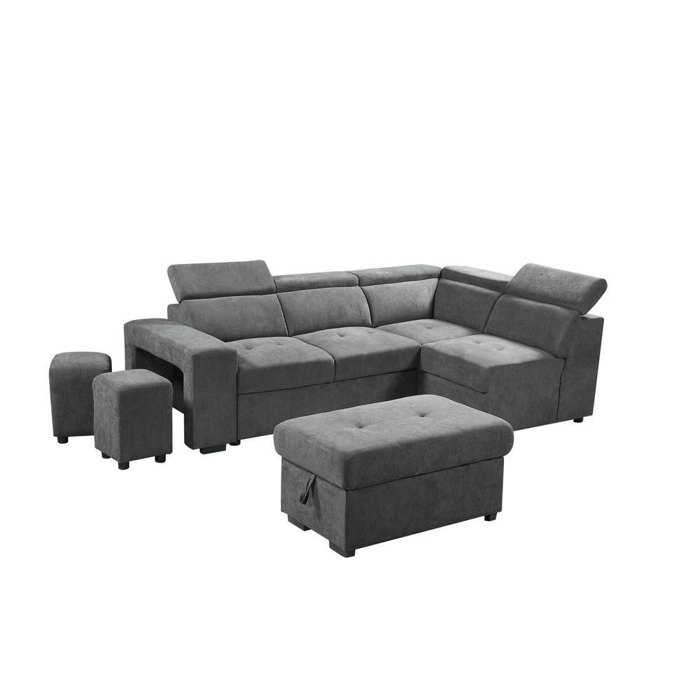  Henrik Light Gray Sleeper Sectional Sofa with Storage Ottoman and 2 Stools By Lilola Home 