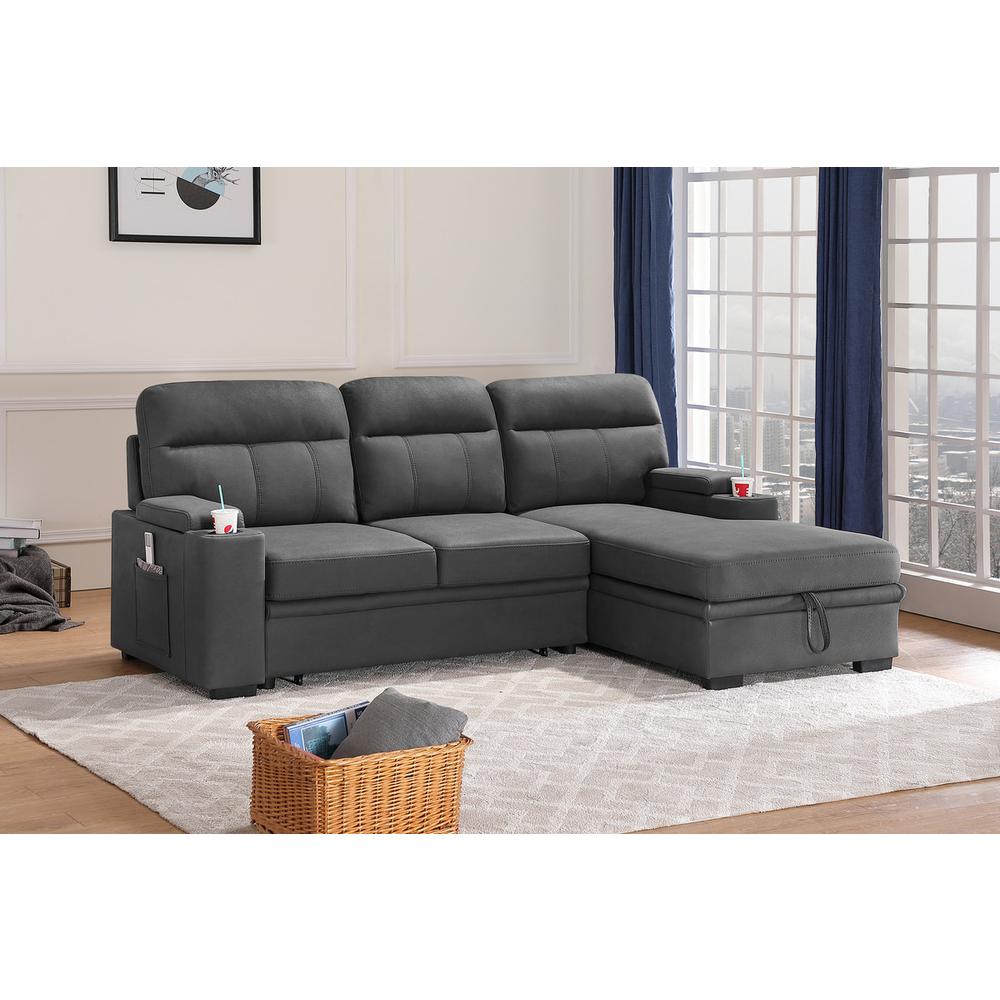  Kaden Gray Fabric Sleeper Sectional Sofa Chaise with Storage Arms and Cupholder By Lilola Home 