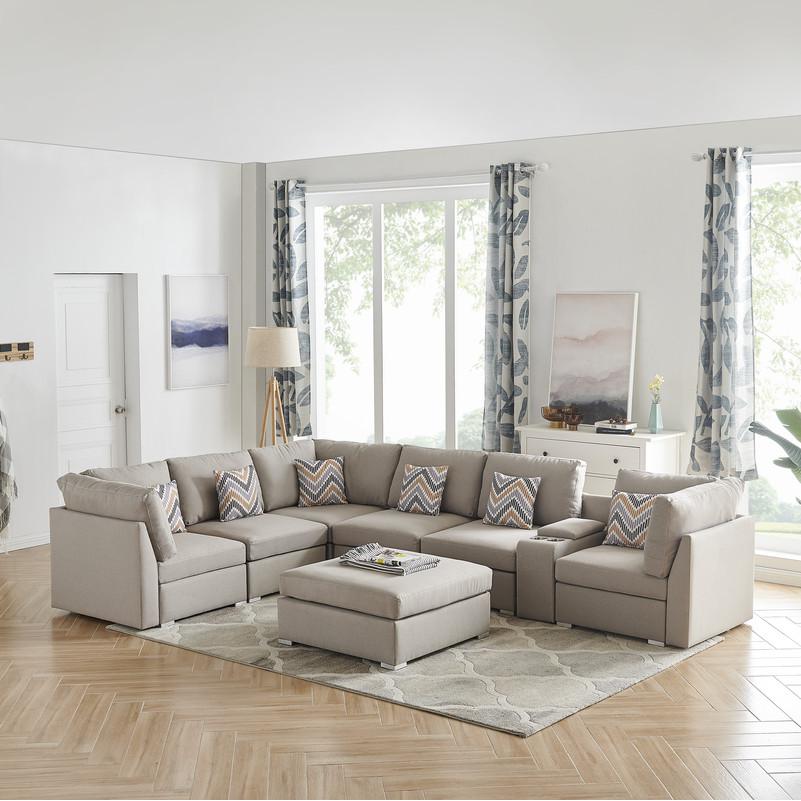  Amira Beige Fabric Reversible Modular Sectional Sofa with USB Console and Ottoman By Lilola Home 