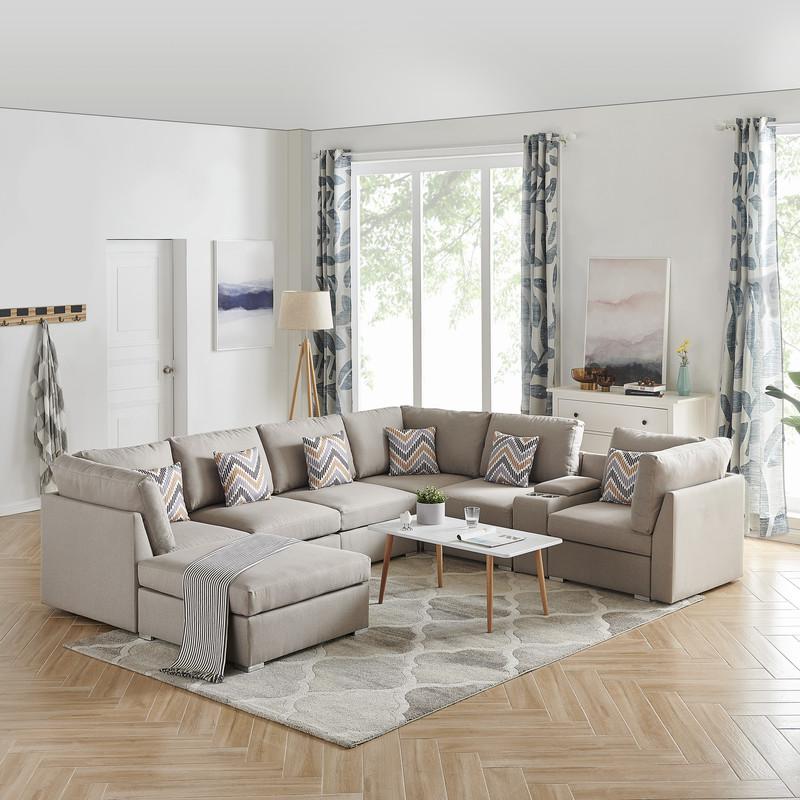  Amira Beige Fabric Reversible Modular Sectional Sofa with USB Console & Ottoman By Lilola Home 