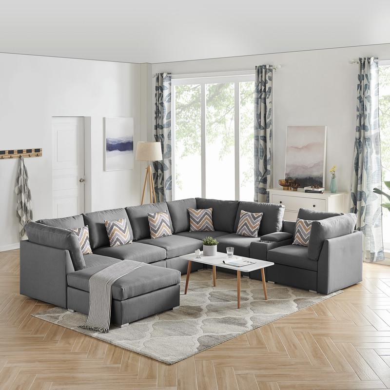  Amira Gray Fabric Reversible Modular Sectional Sofa with USB Console & Ottoman By Lilola Home 