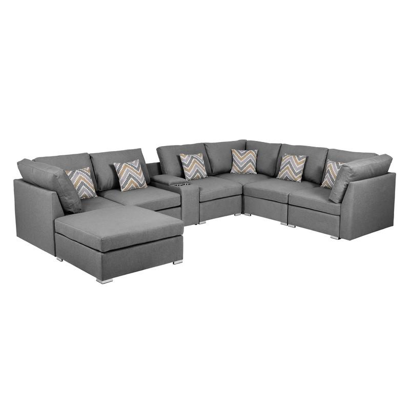  Amira Gray Fabric Reversible Modular Sectional Sofa w/ USB Console and Ottoman By Lilola Home 