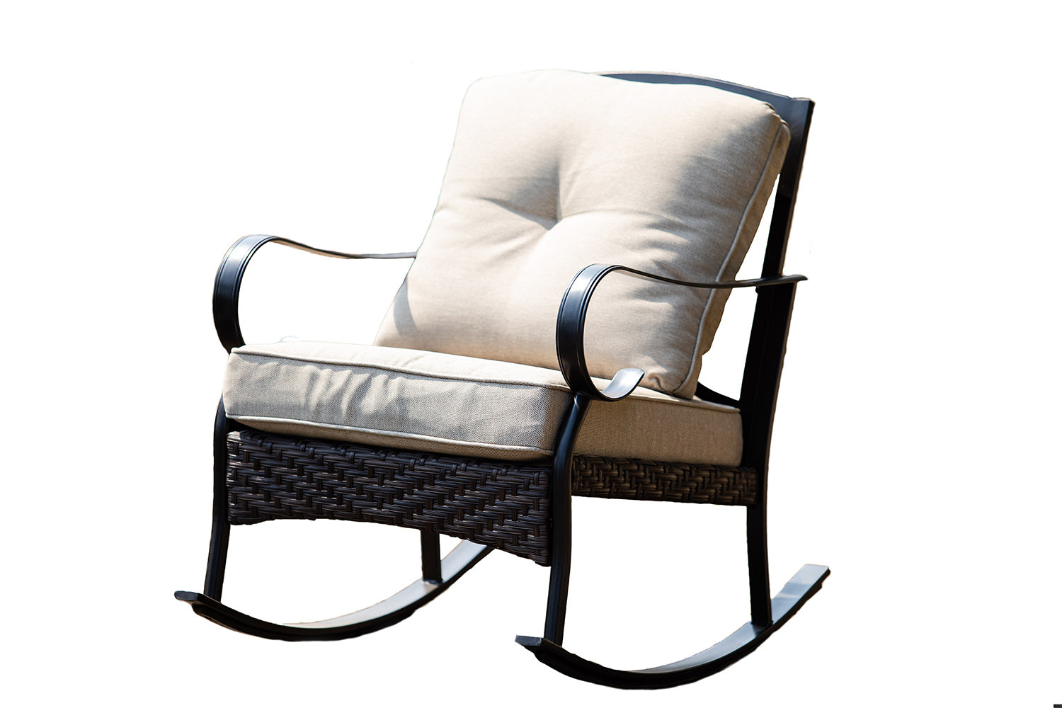  Black Steel Patio Rocking Chair with Beige Cushions By Homeroots 