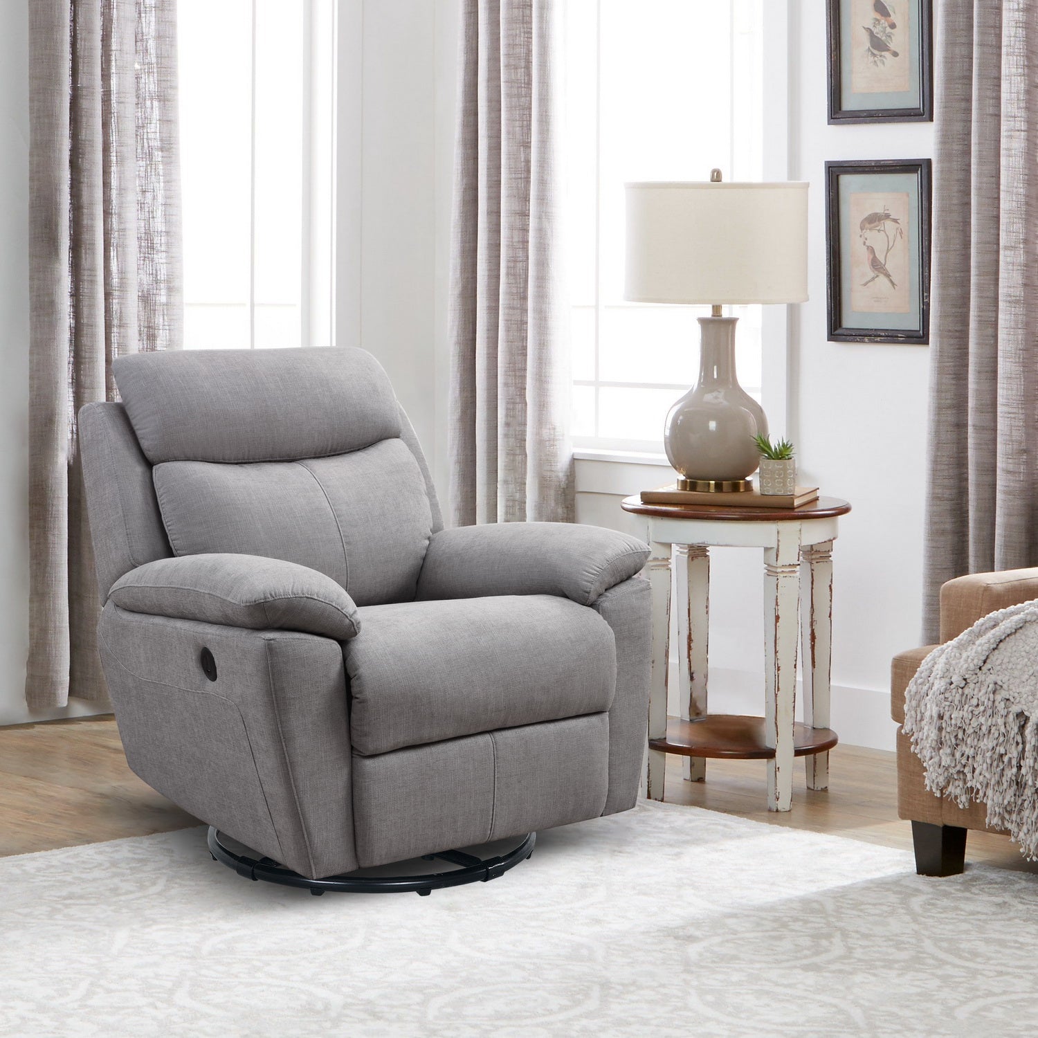  Light Grey Fabric Glider & Swivel Power Recliner with USB port By Homeroots 