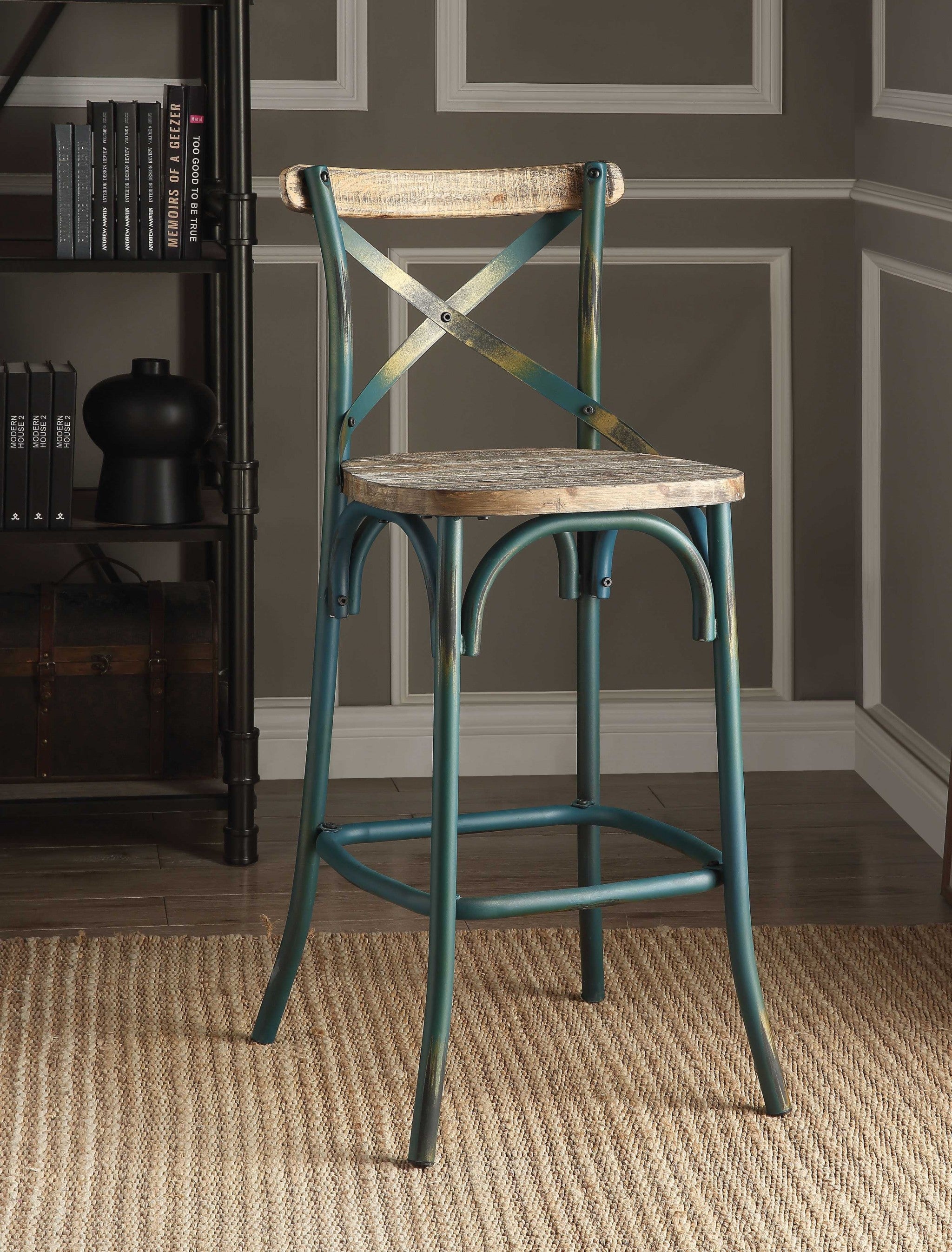  Antique Turquoise & Oak Wood Bar Chair By Homeroots 