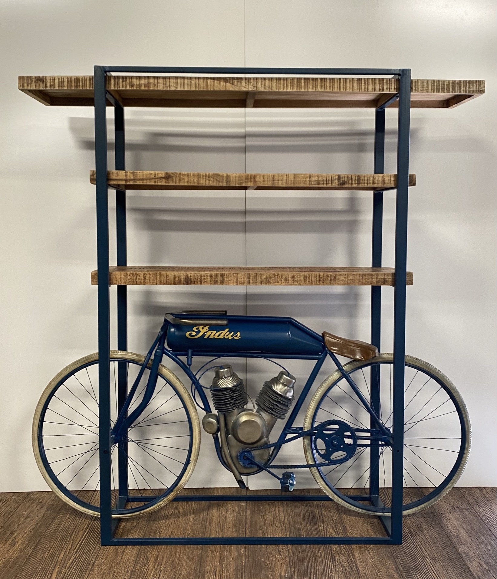  Blue Metal Mango Wood Cycle Book Shelf Bar Counter By Homeroots 