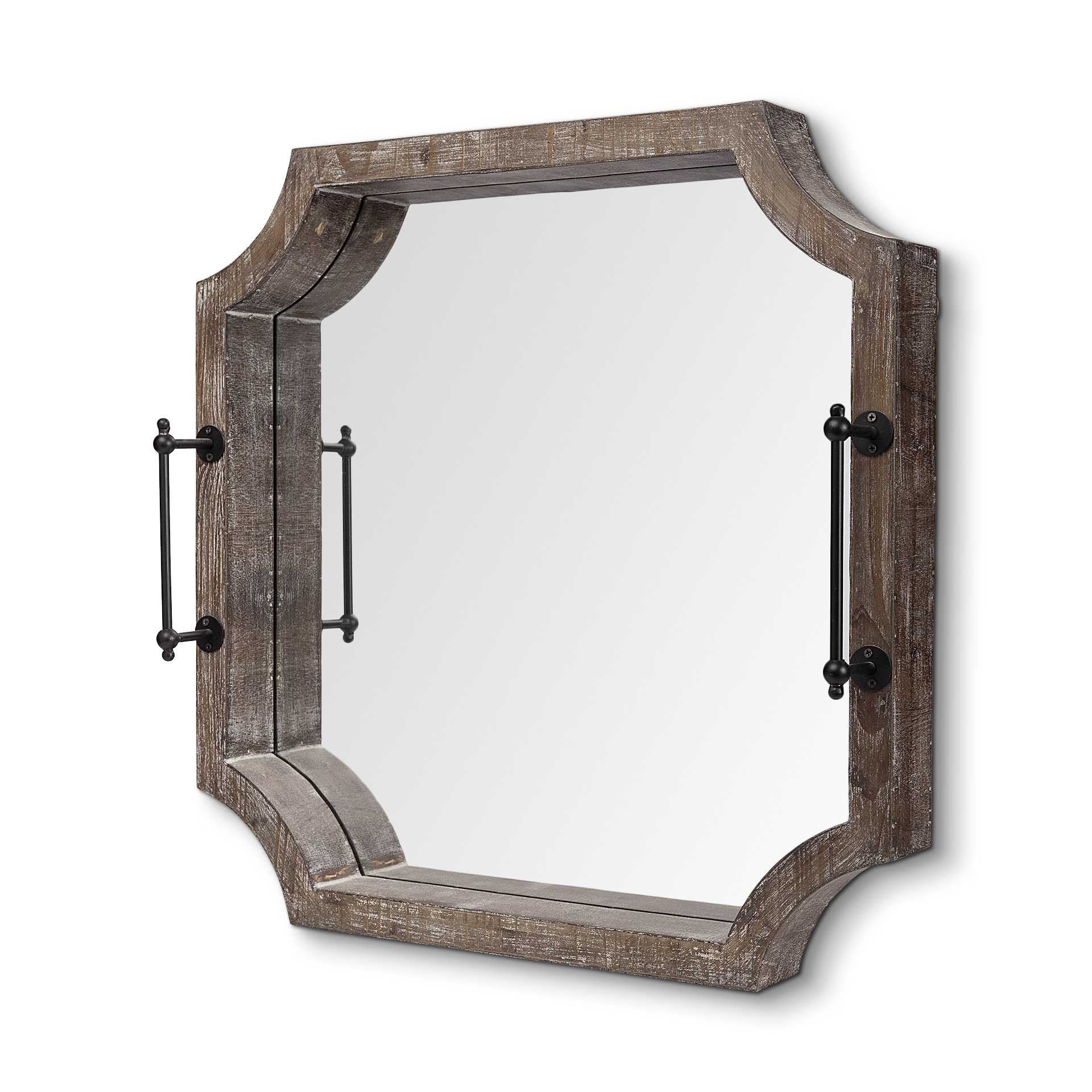  Rustic Antique Wash Finish Wood With Mirrored Glass Bottom And Metal Handle Tray By Homeroots 