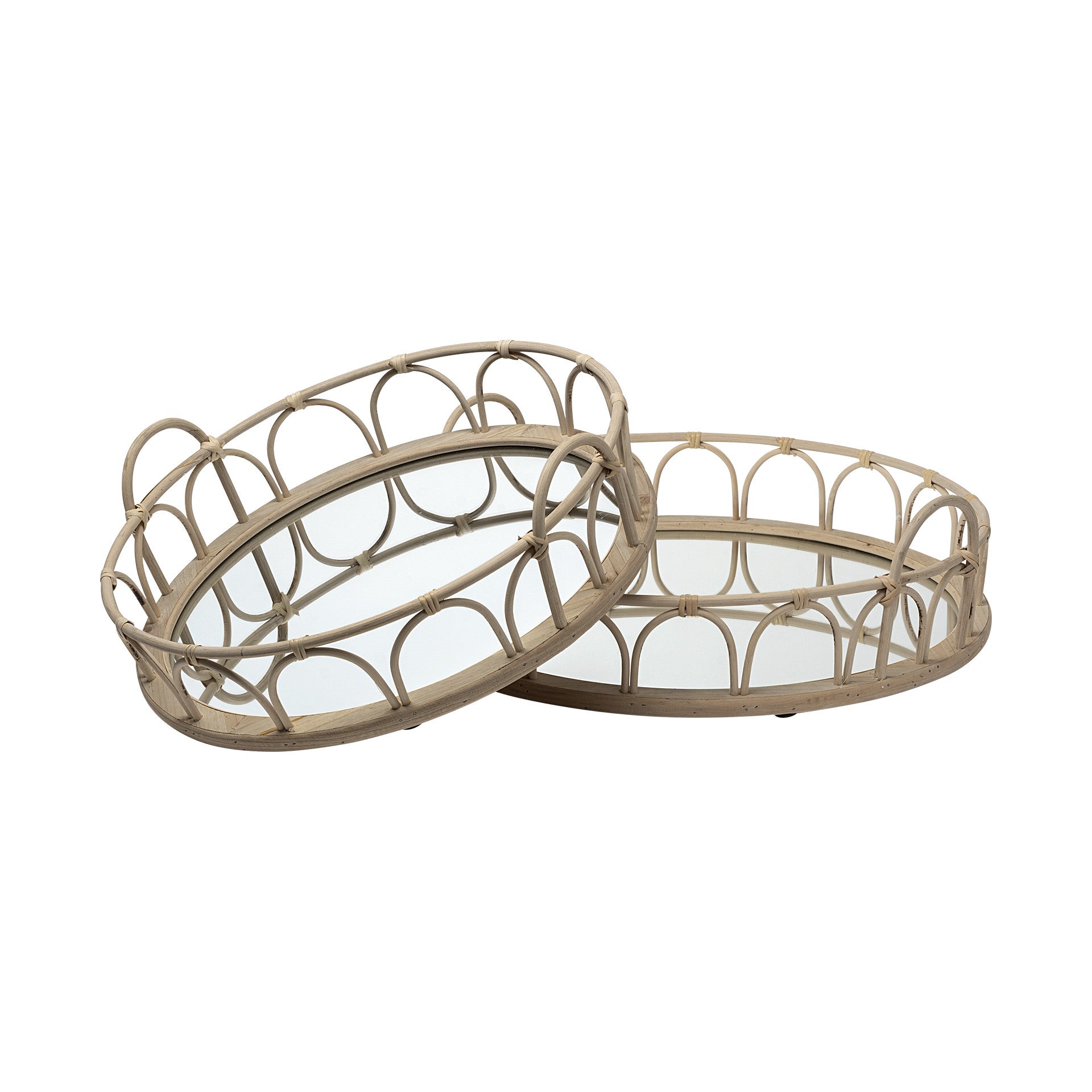  Set Of 2 20' Natural Blonde Wood With Intricately Railings And Mirrored Glass Bottom Round Tray By Homeroots 