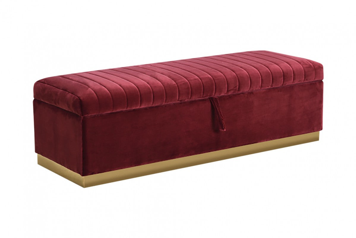  Rectangular Modern Red Velvet Storage Bench with Gold Metal By Homeroots 