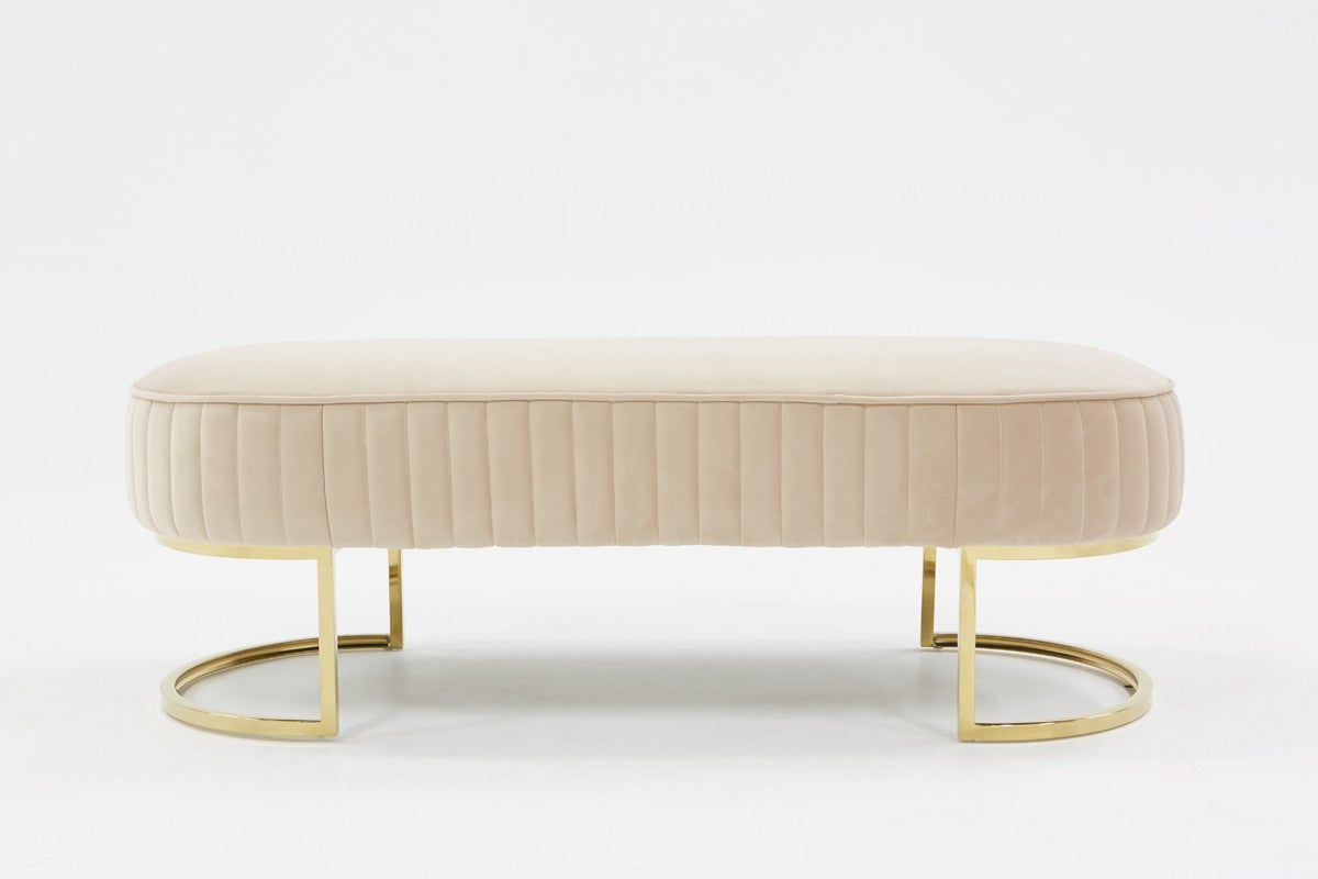  Oval Modern Beige Velvet Bench with Gold Crescent shaped base By Homeroots 