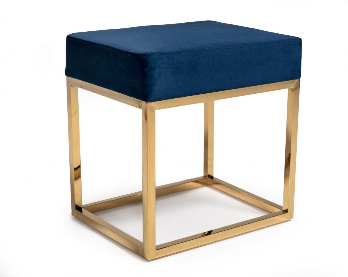  Square Modern Blue Velvet Ottoman with Gold Stainless Steel By Homeroots 