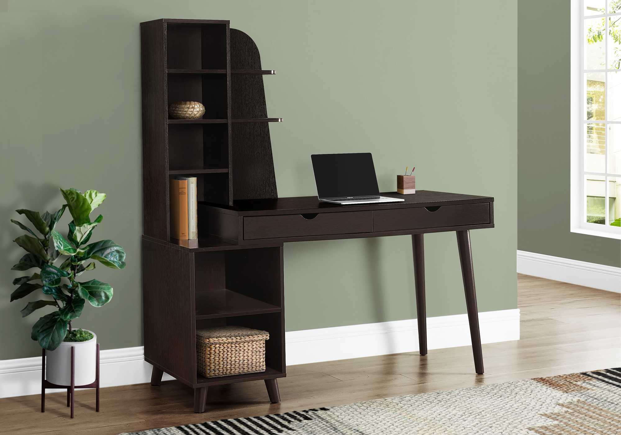  55" Espresso Computer Desk with Bookcase By Homeroots 