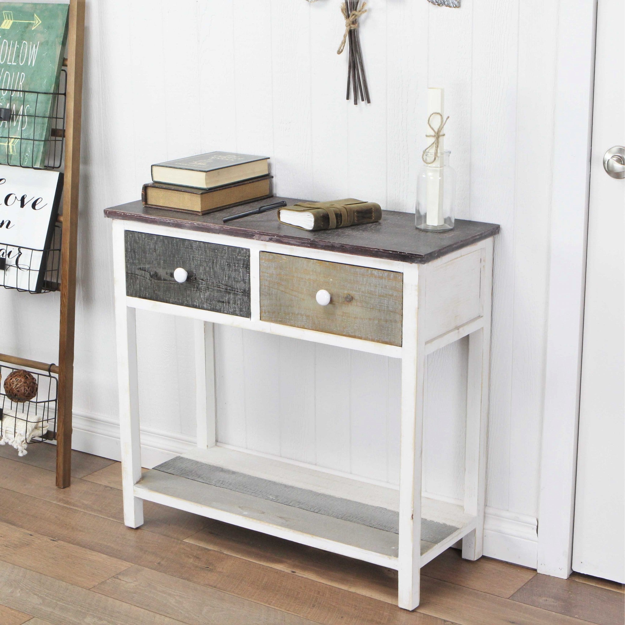  Distressed Gray and White Table with 2 Drawers and Bottom Shelf By Homeroots 