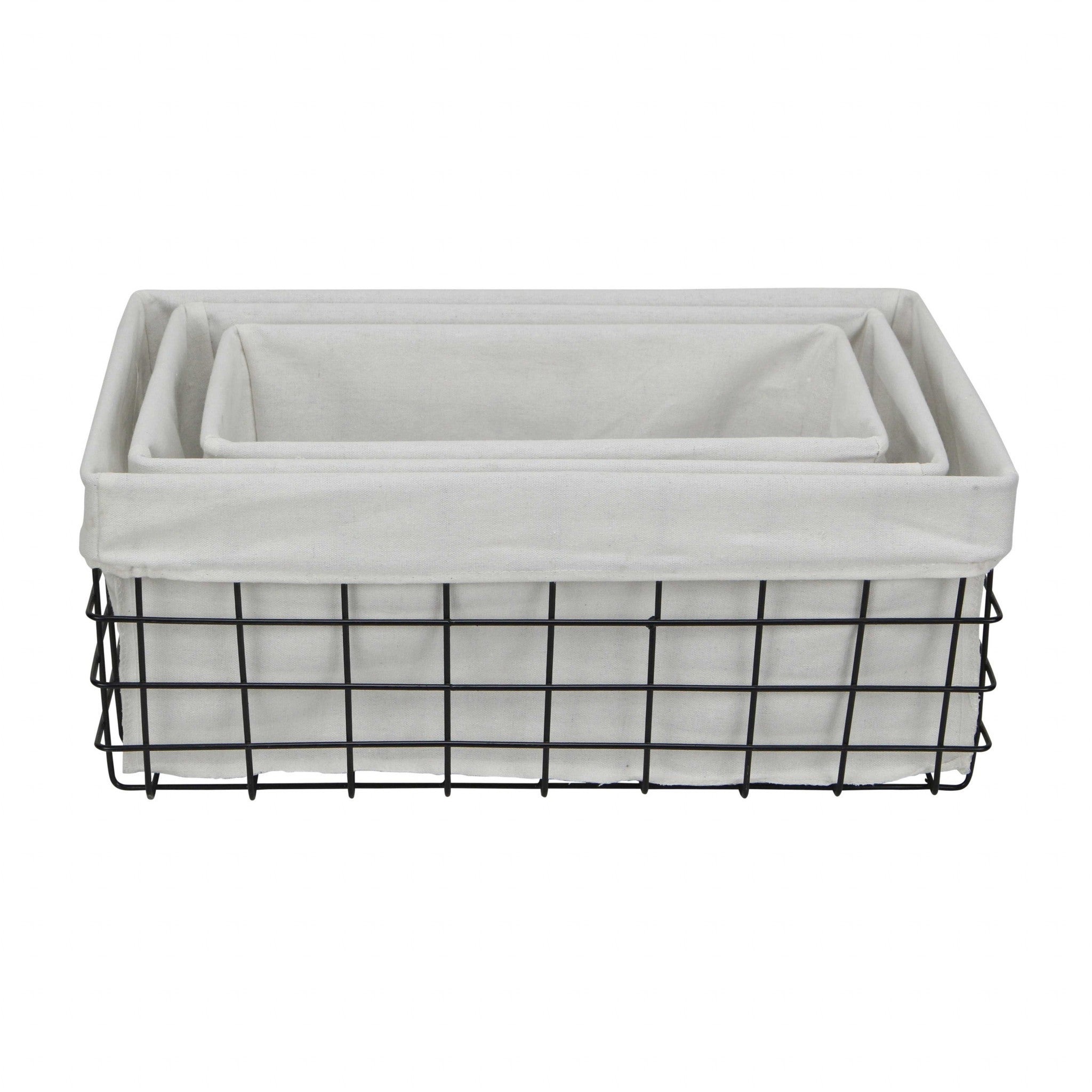  Set Of 3 Rectangular White Lined And Metal Wire Baskets By Homeroots 