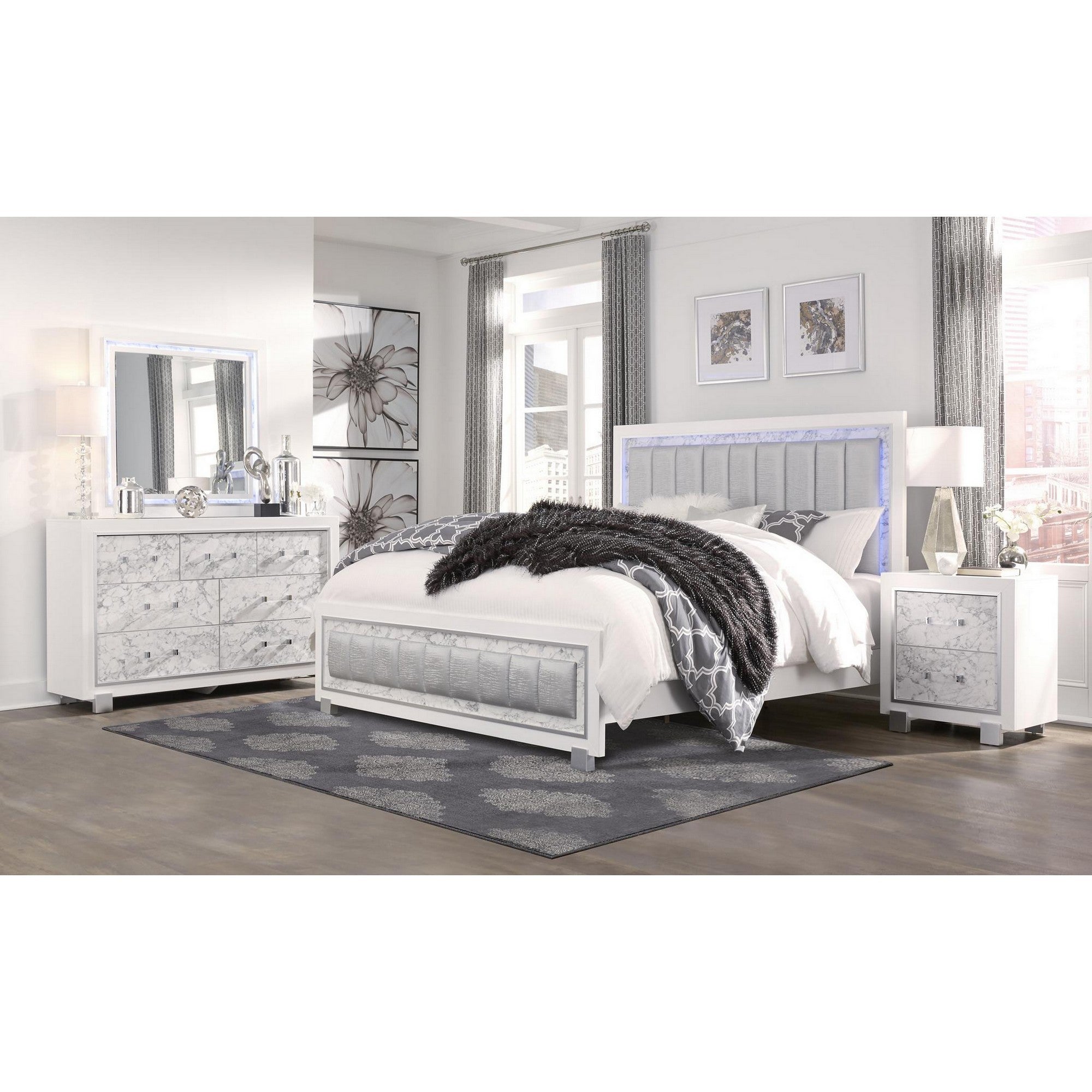  Modern Luxurious White Full Bed With Padded Headboard Led Lightning By Homeroots 