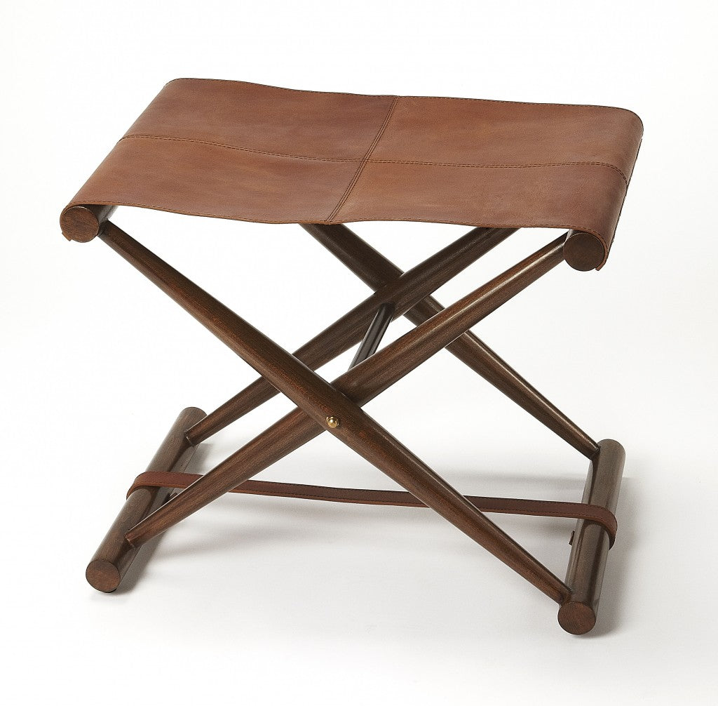  Brown Wood and Leather Portable Stool By Homeroots 