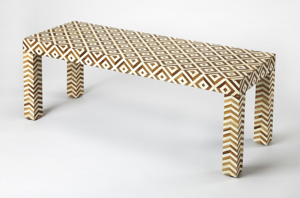  Geo and Chevron Teak and Bone Inlay Bench By Homeroots 