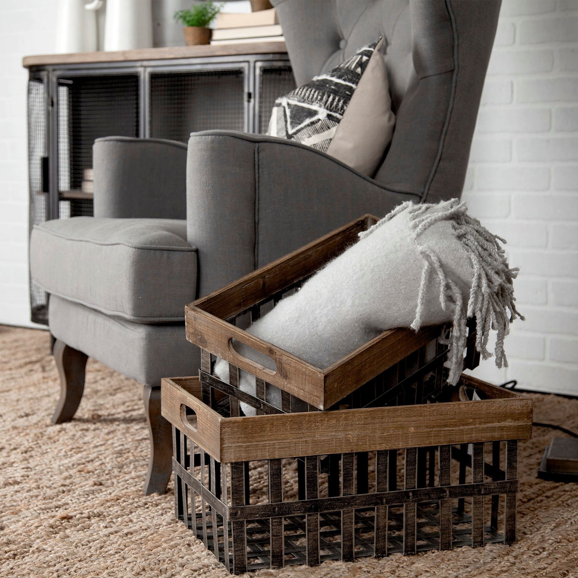  Set of Two Wood and Metal Crate Baskets By Homeroots 