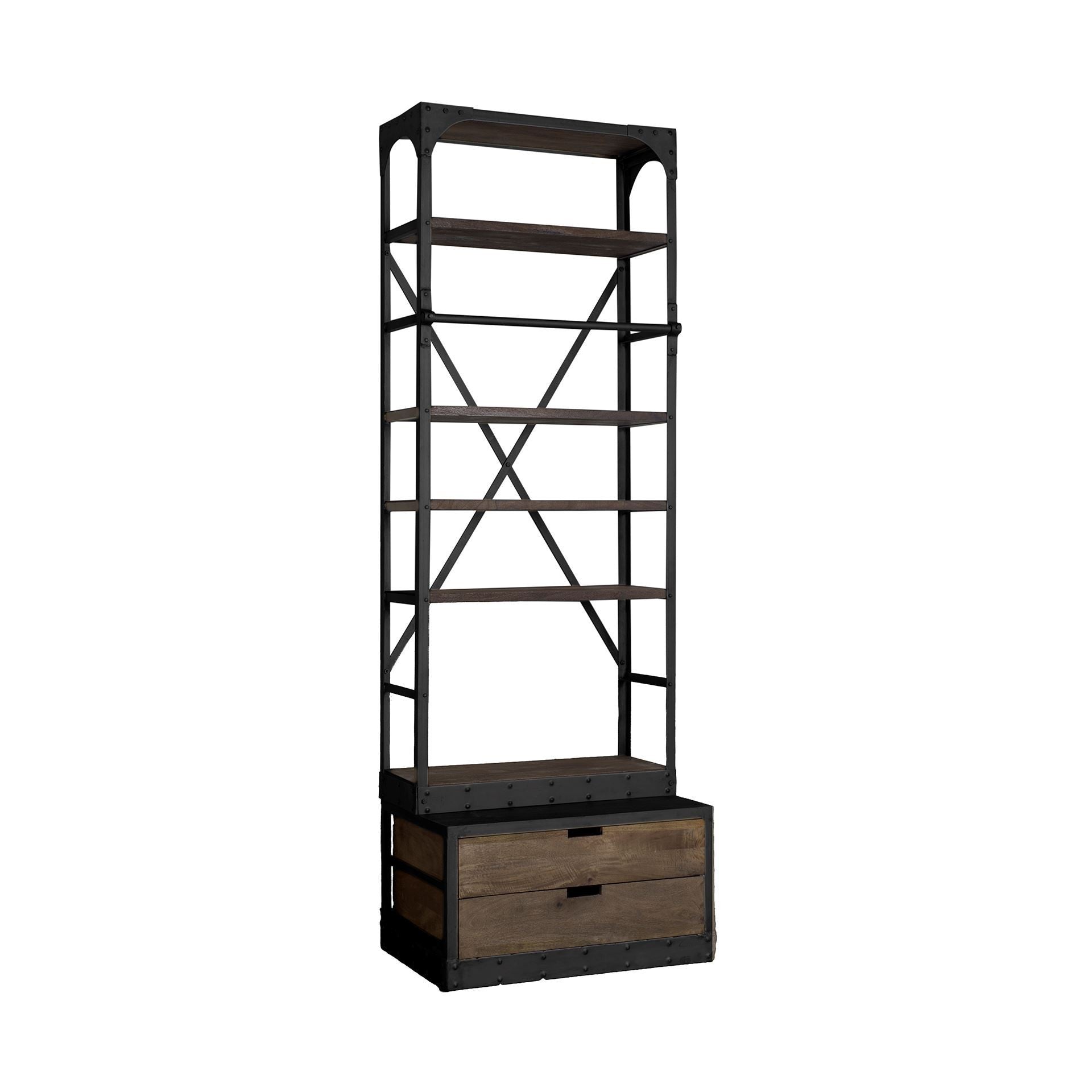  Black Metal Shelving Unit with Dark Brown Storage By Homeroots 