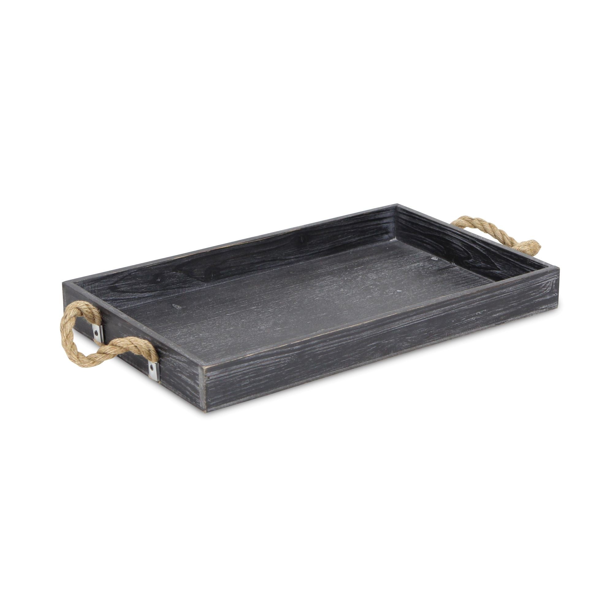  Black Wooden Tray With Rope Handles By Homeroots 