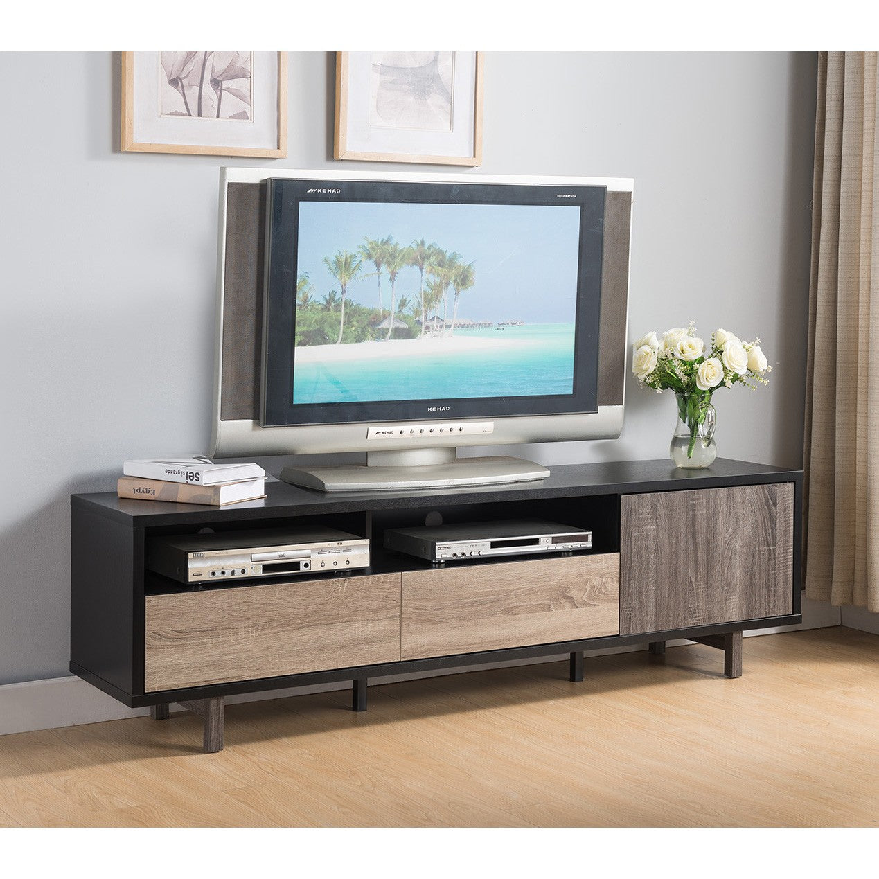  Stylish Black TV Console Cabinet with Dark Taupe and Distressed Grey Accents By Homeroots 