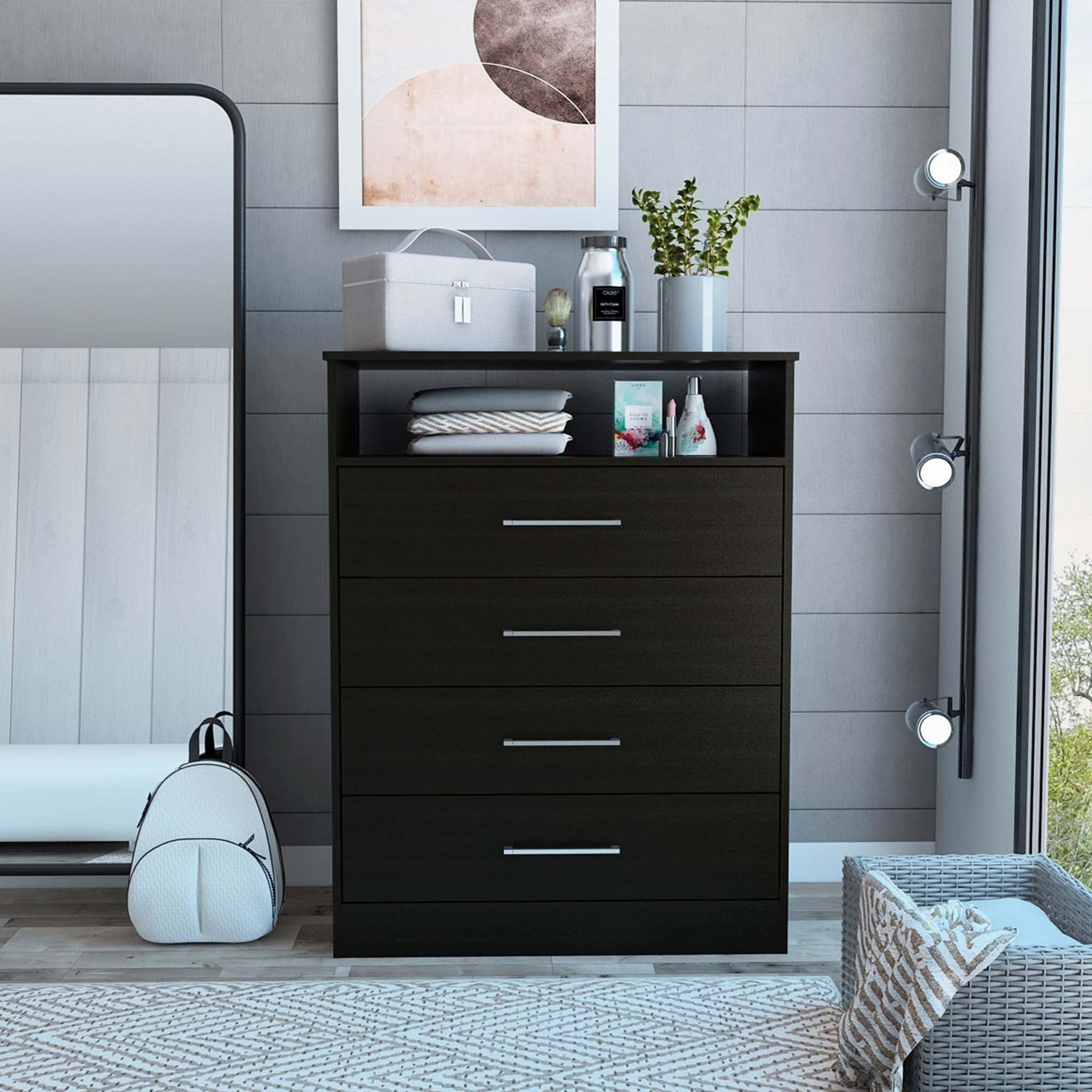  Modern Black Four Drawer Dresser With Hutch By Homeroots 