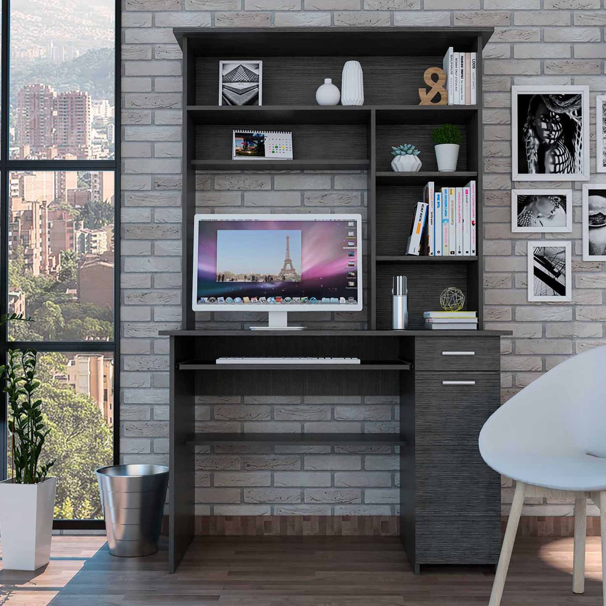  Zeno Gray Oak Computer Desk with Hutch By Homeroots 