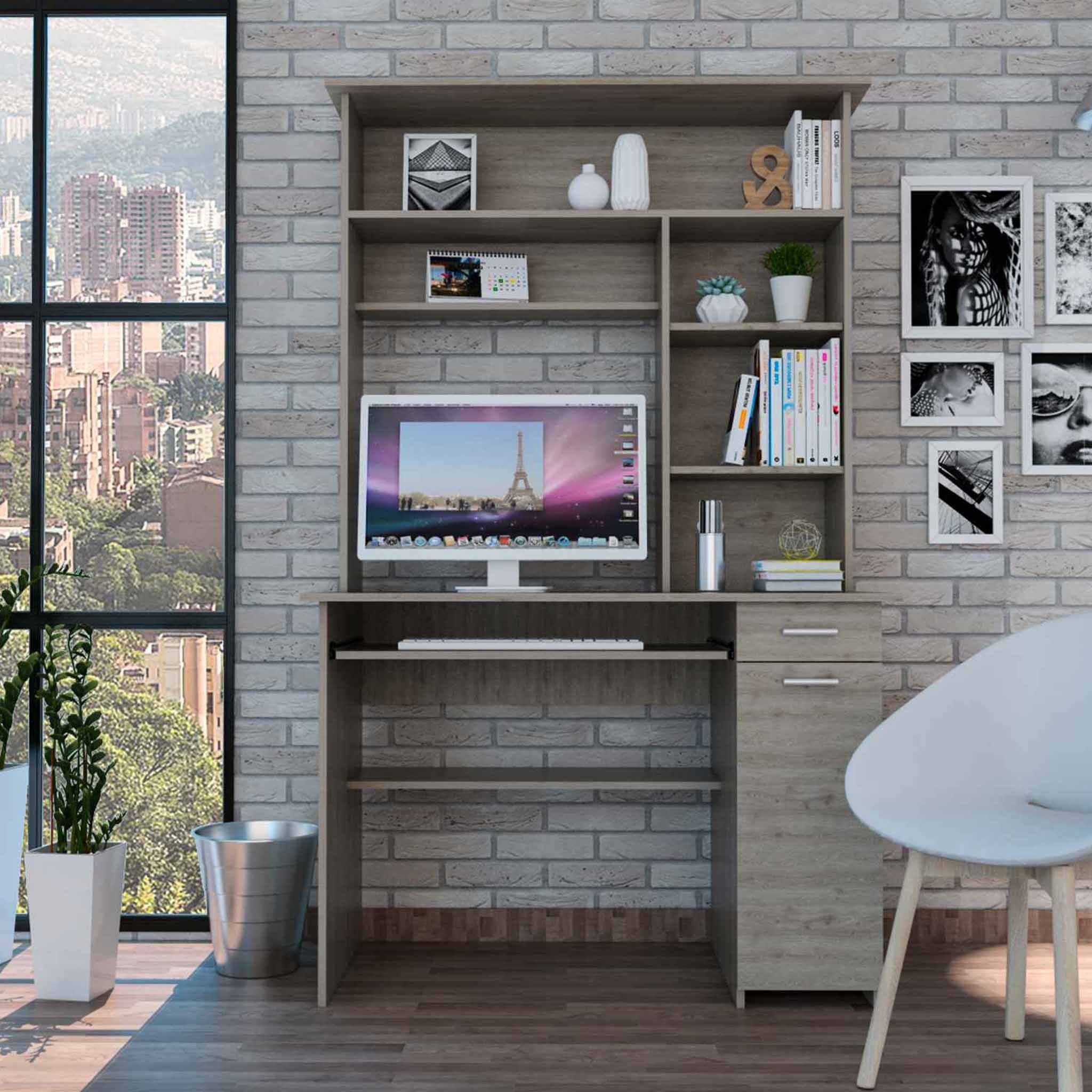  Zeno Light Gray Computer Desk with Hutch By Homeroots 