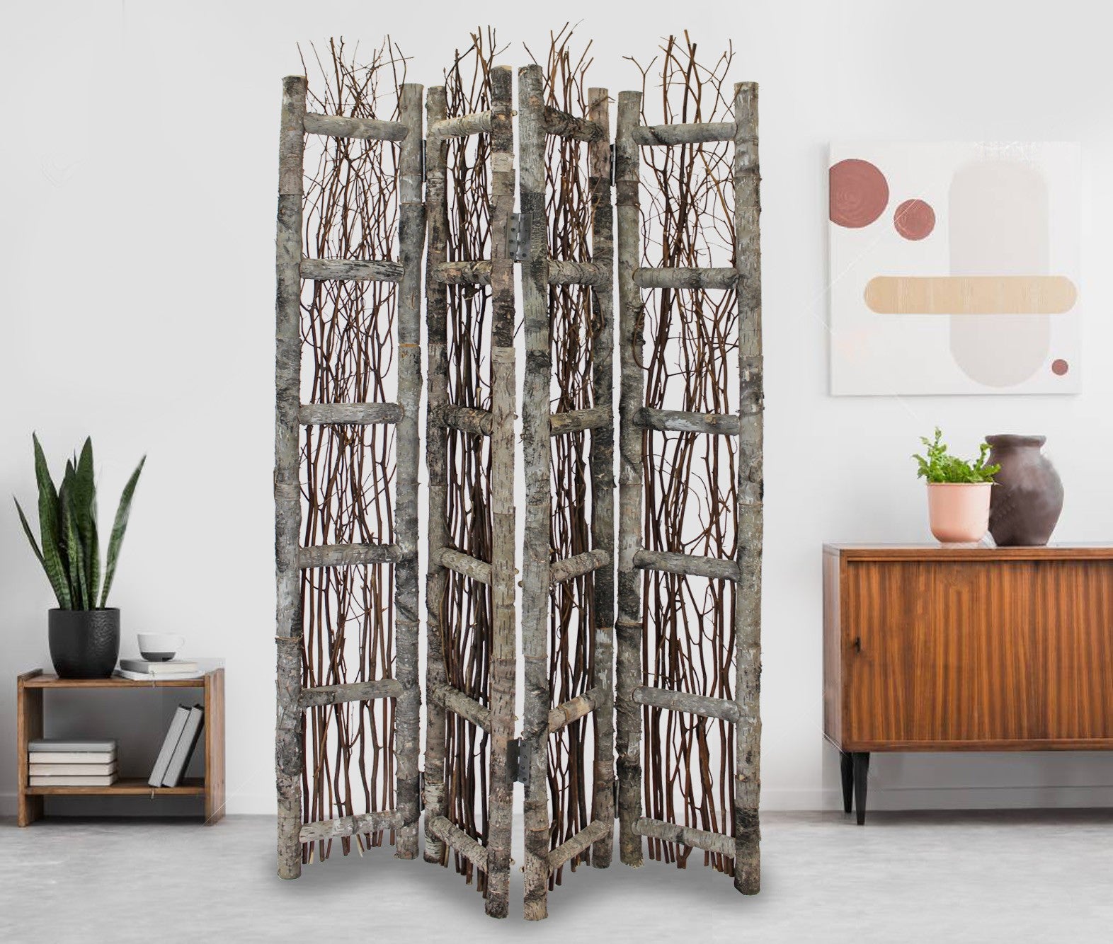  Earthy Birch And Twig Four Panel Room Divider Screen By Homeroots 