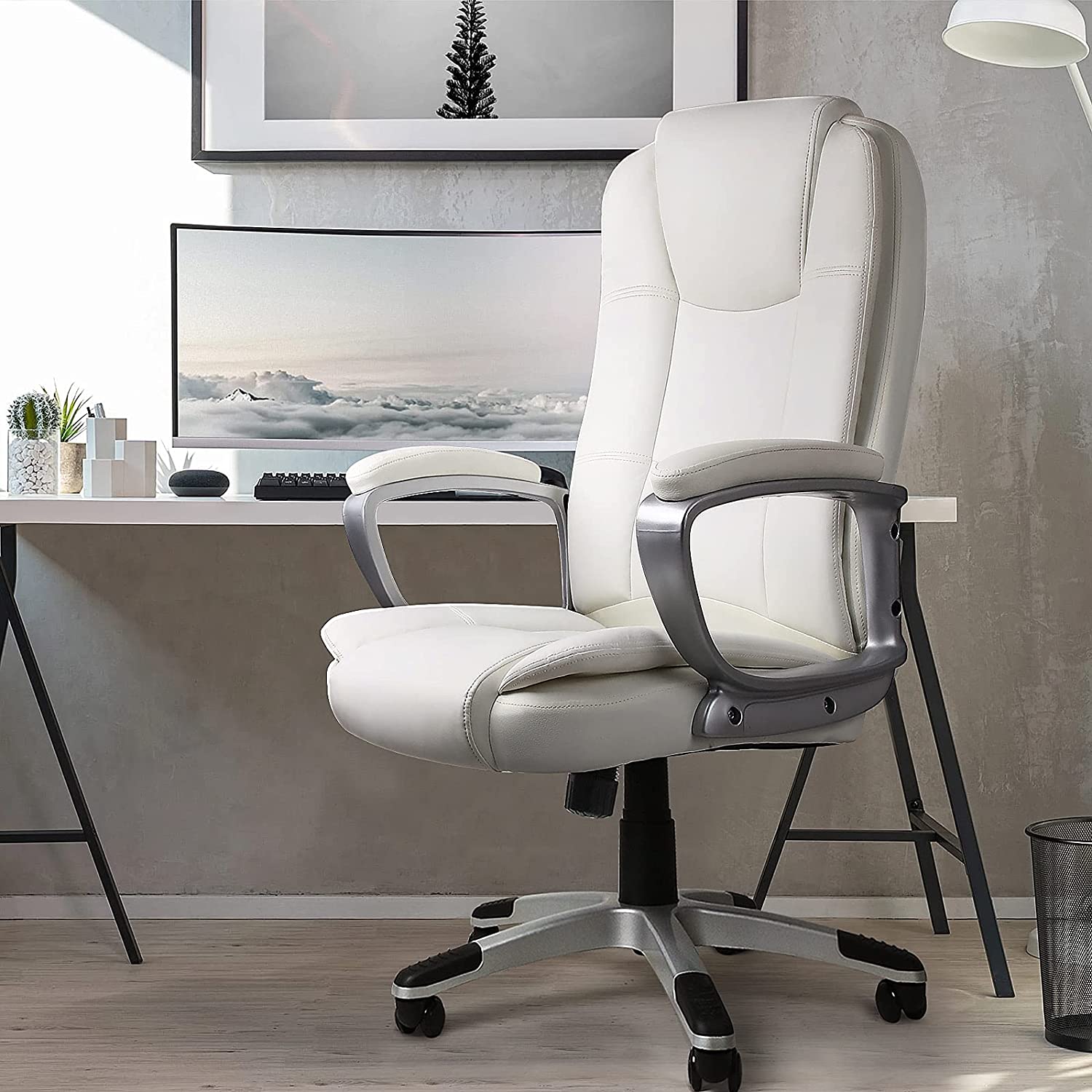  White Leather Executive Chair with Lumbar Support By Homeroots 