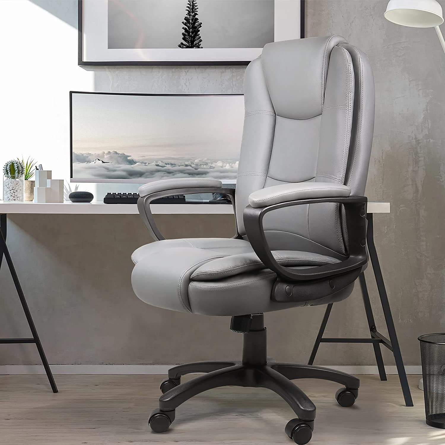  Light Gray Leather Executive Chair with Lumbar Support By Homeroots 