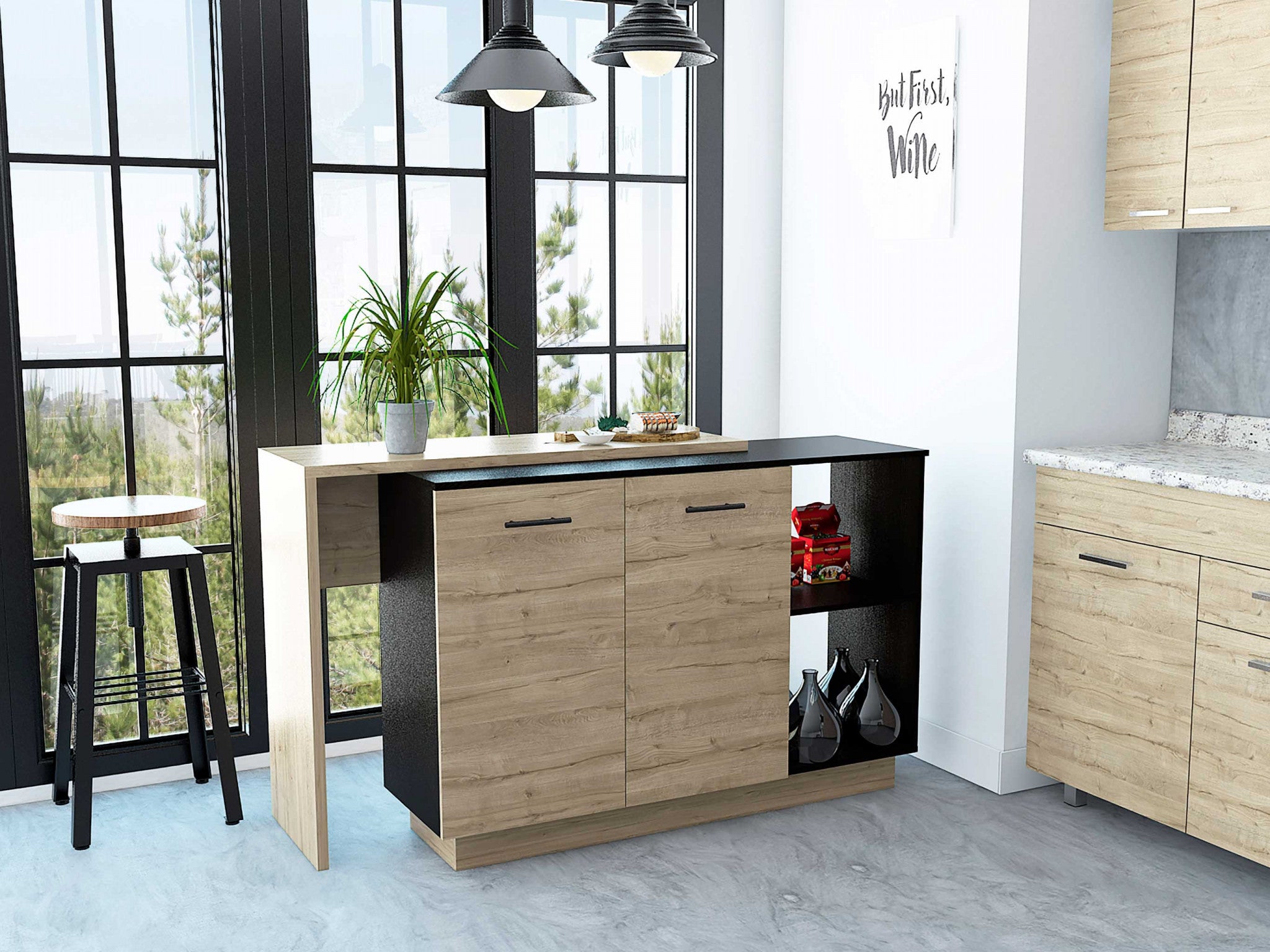  Black and Light Oak Contemporary Kitchen Island with Bar Table By Homeroots 