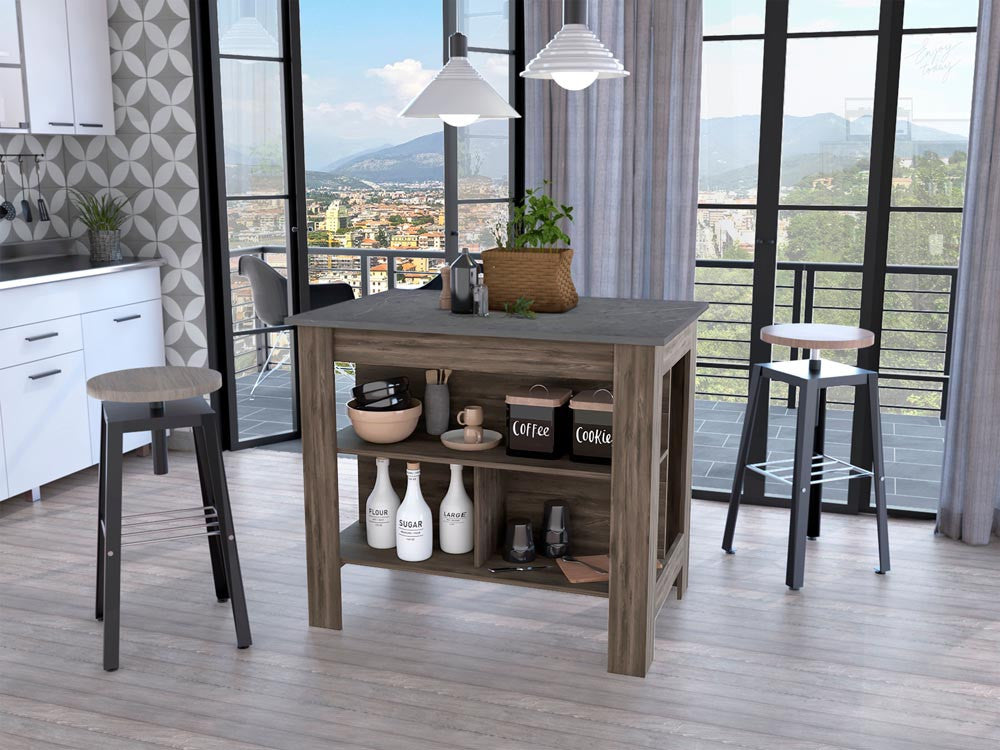  Dark Brown and Onyx Kitchen Island with Three Storage Shelves By Homeroots 