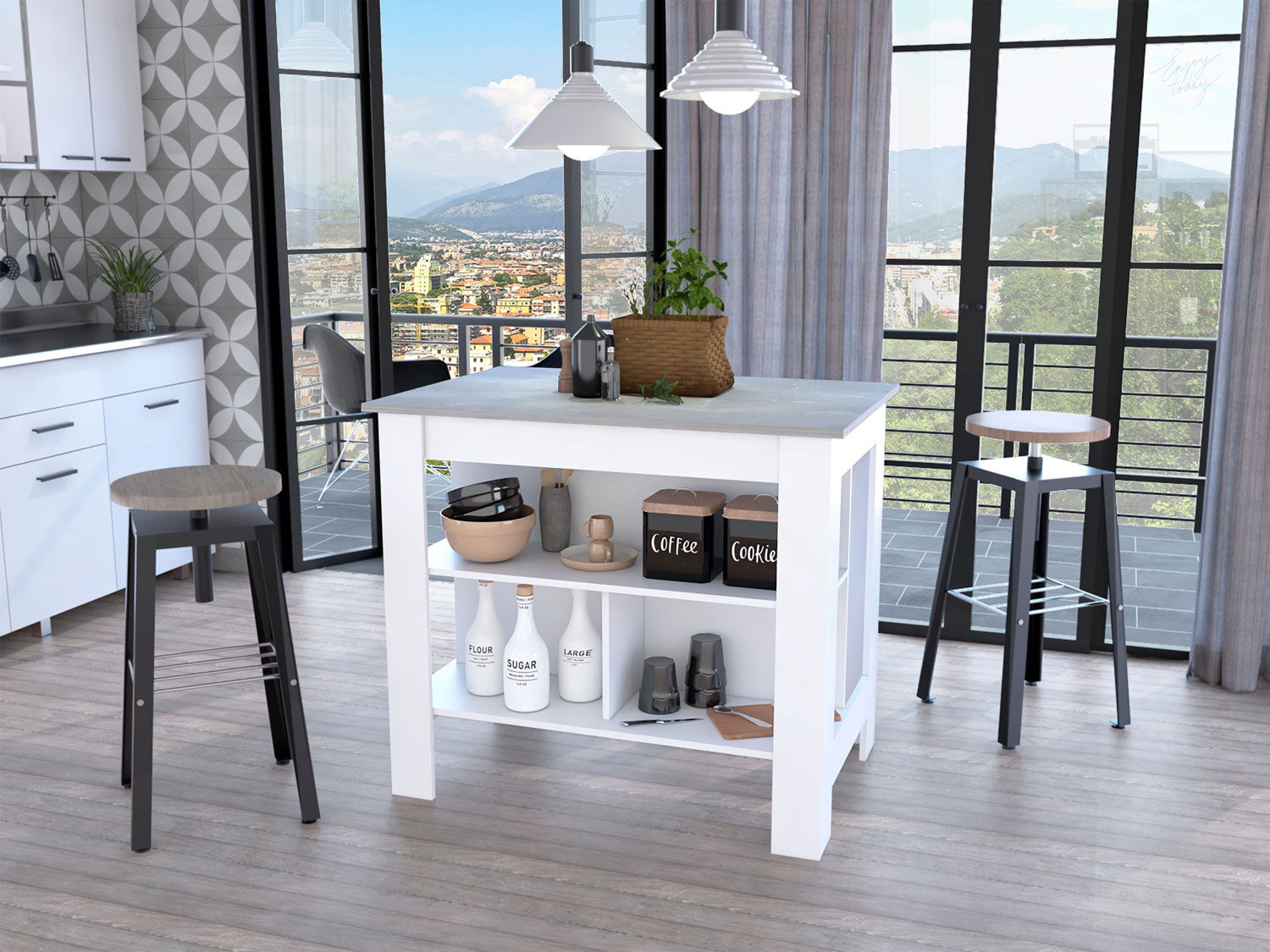  Marble and White Kitchen Island with Three Storage Shelves By Homeroots 