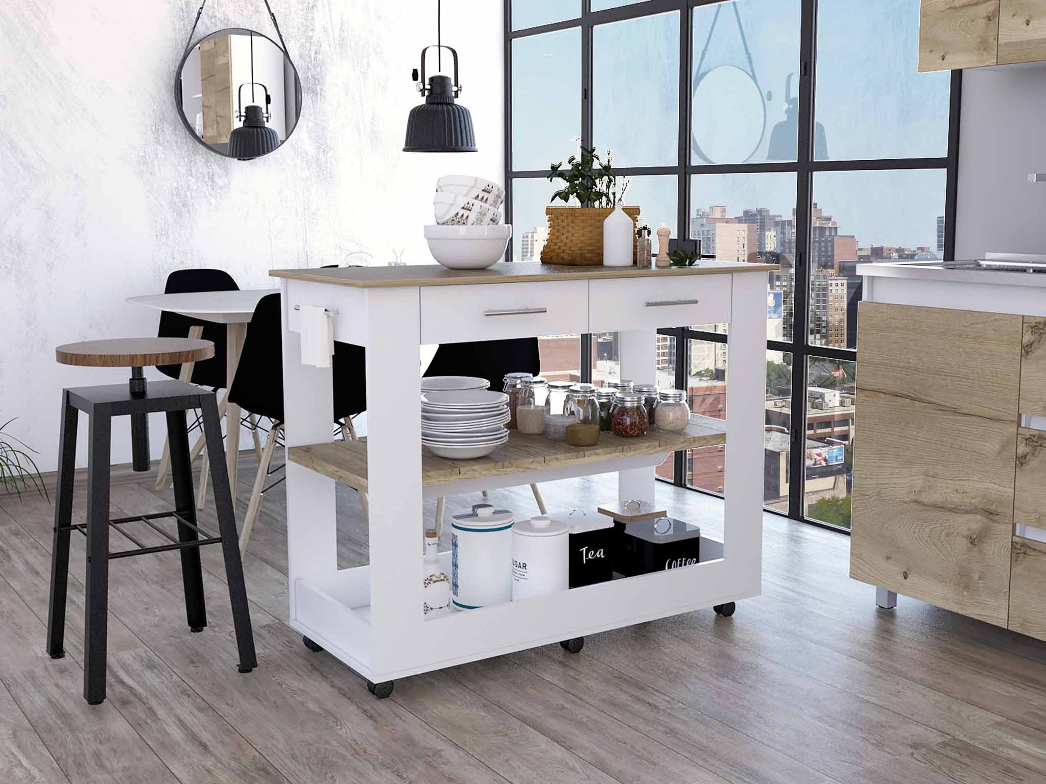  Light Oak and White Kitchen Island with Drawer Shelves and Casters By Homeroots 