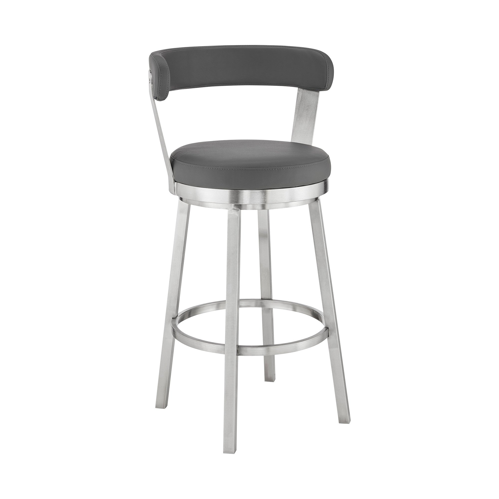  26" Chic Grey Faux Leather with Stainless Steel Finish Swivel Bar Stool By Homeroots 