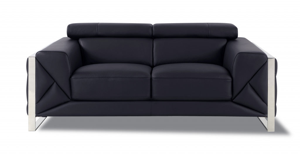  75" Black Italian Leather and Chrome Solid Color Love Seat By Homeroots 