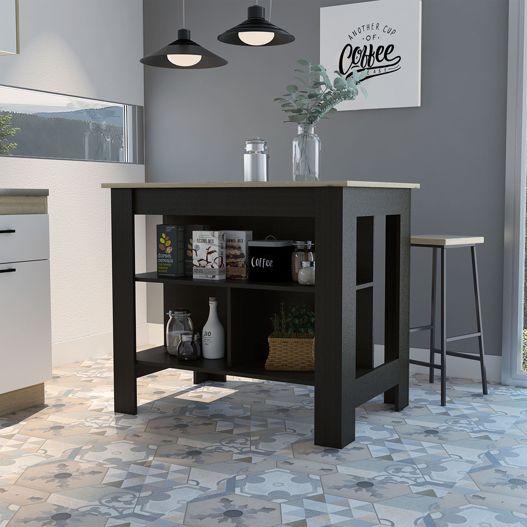  Modern Black Wengue and Light Oak Kitchen Island By Homeroots 