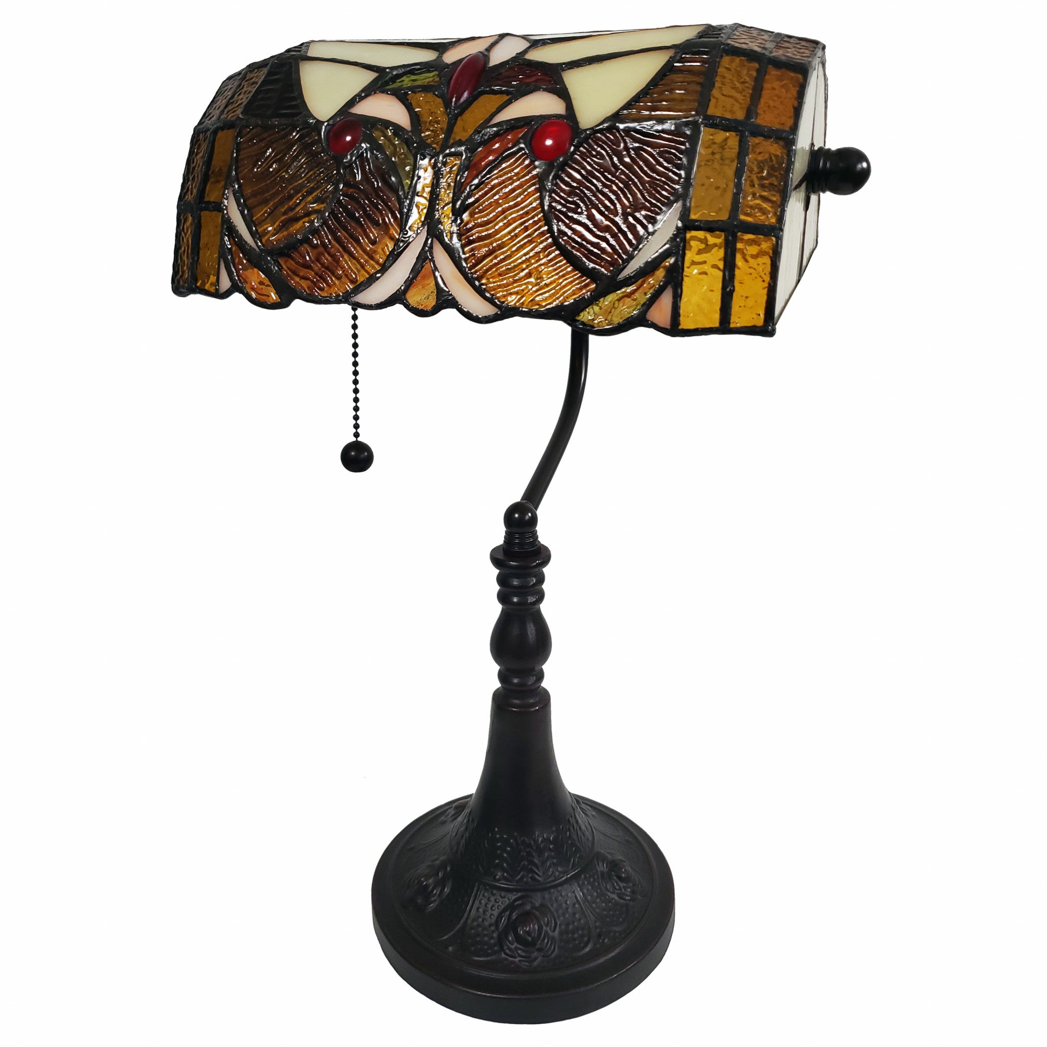  16" Tiffany Style Brown and Orange Banker Desk Lamp By Homeroots 